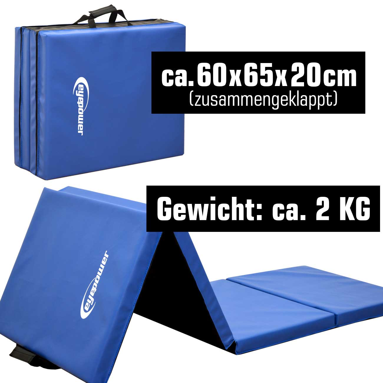 Blau faltbare Matte, zusammengeklappt und aufgeklappt.