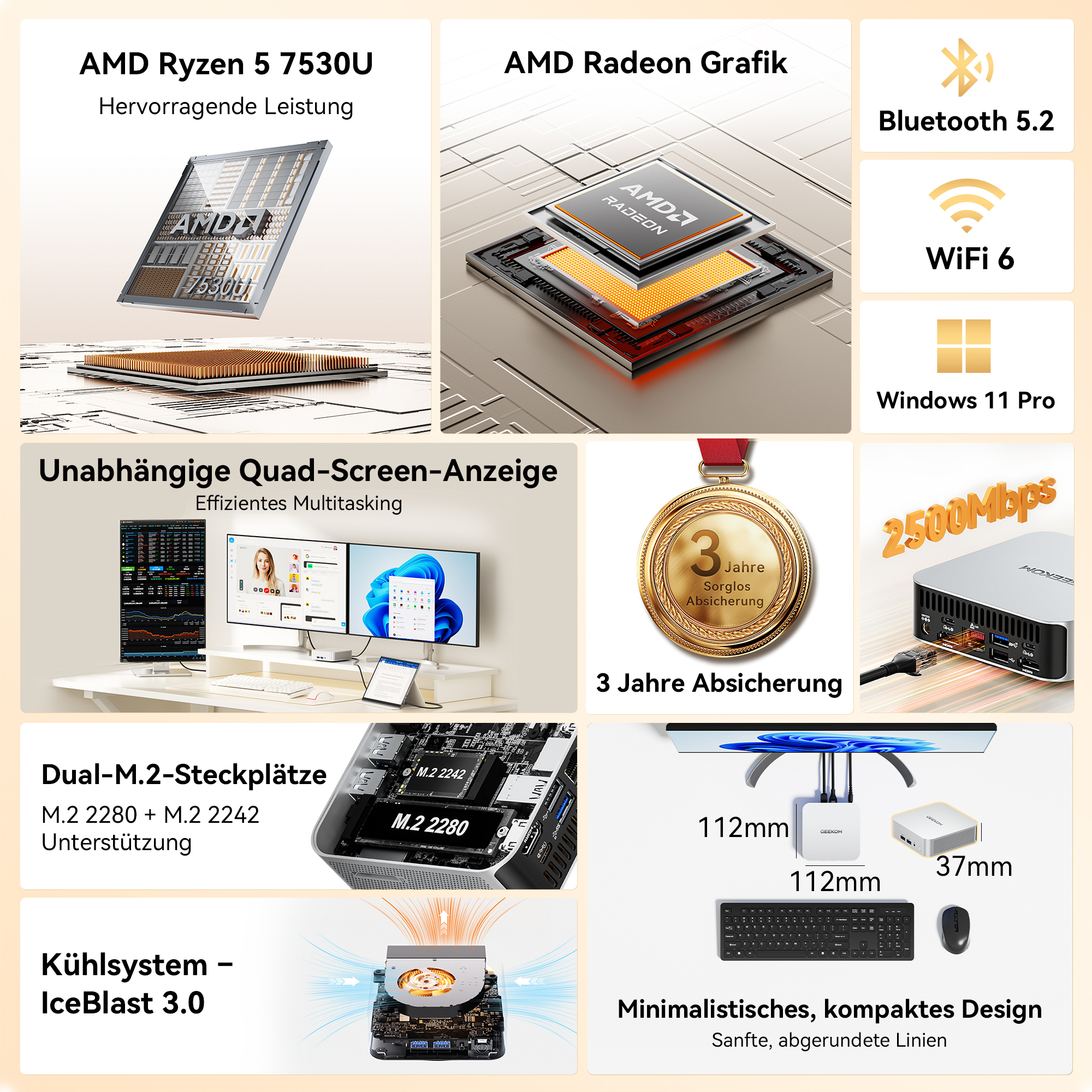 AMD Ryzen 5 7530U CPU, AMD Radeon Grafik, Bluetooth 5.2, WiFi 6, Win 11 Pro.