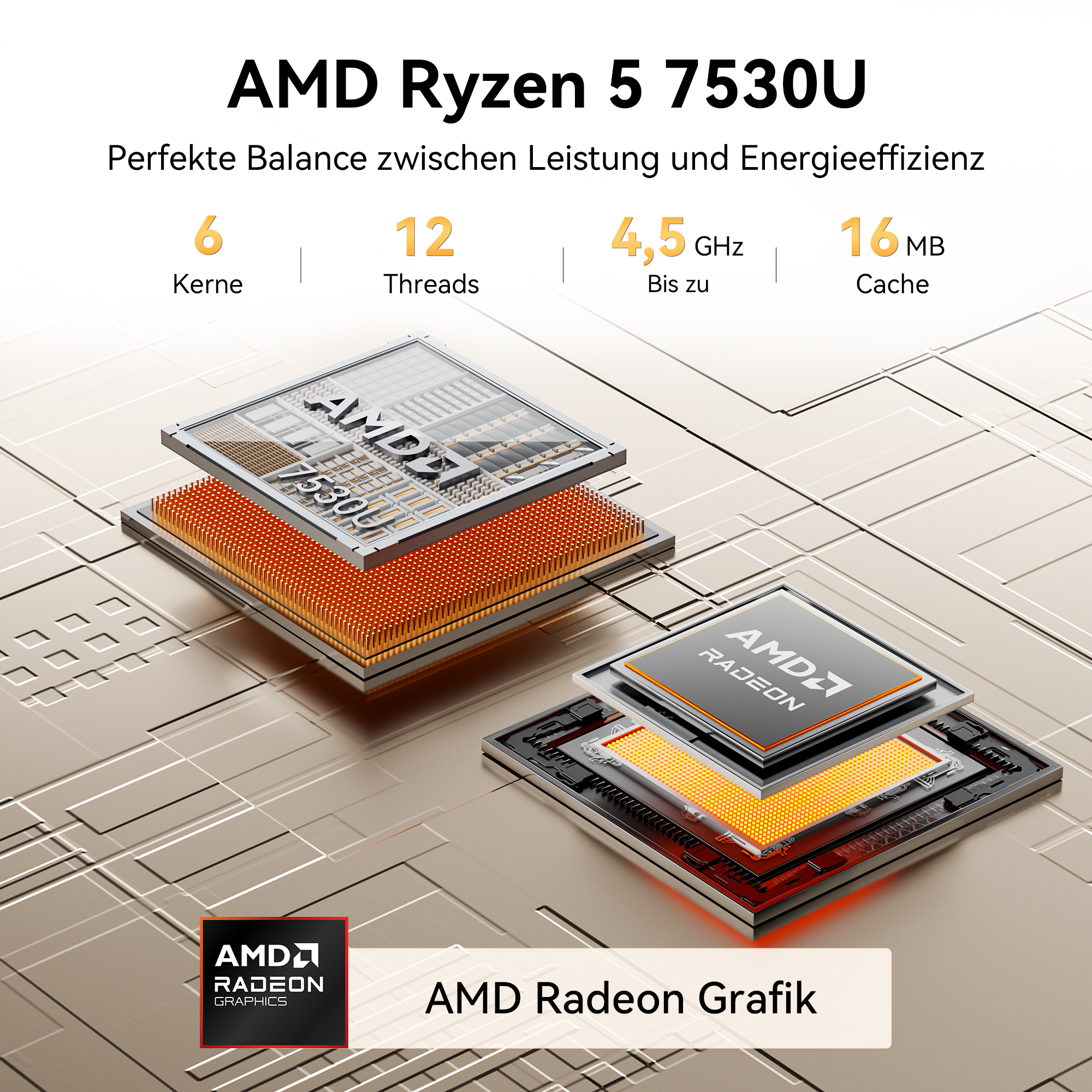 AMD Ryzen 5 7530U Prozessor und Radeon Grafik mit 6 Kernen, 12 Threads.