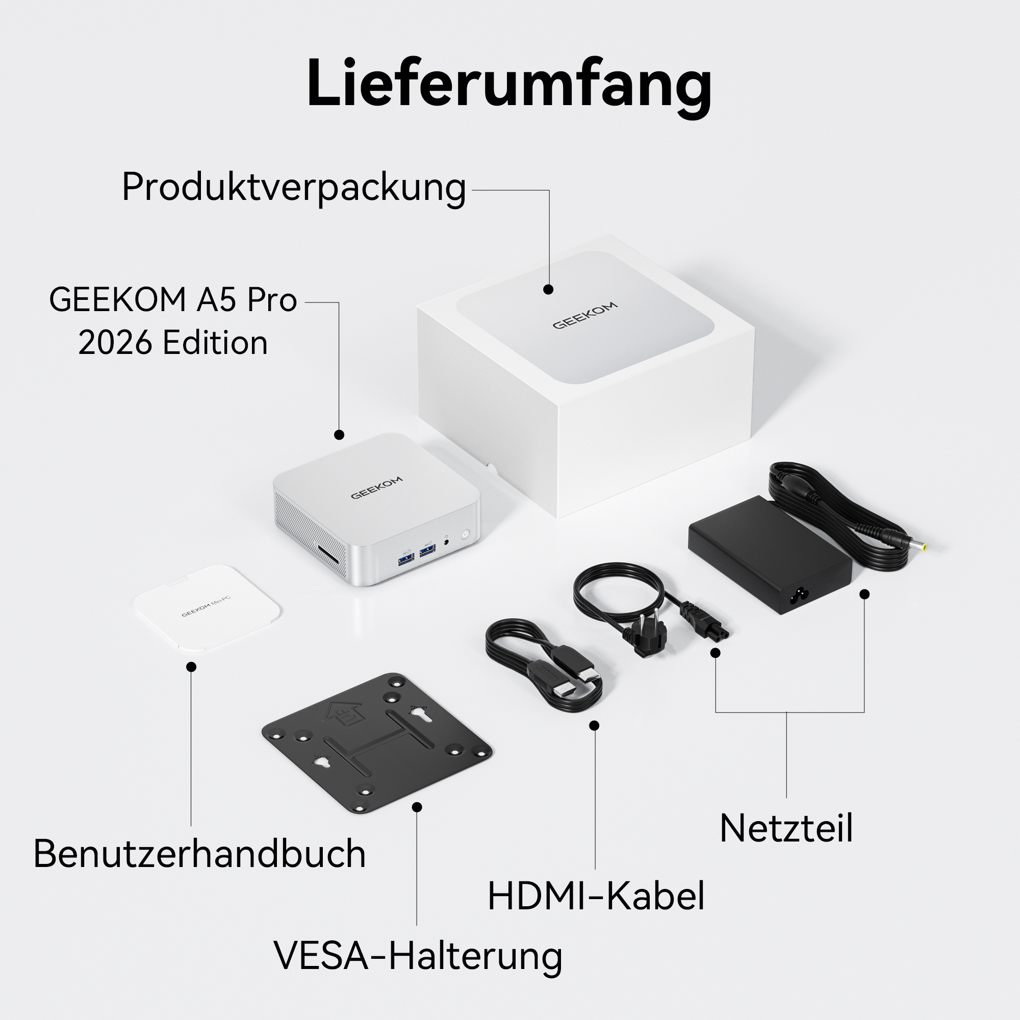 Lieferumfang: GEEKOM A5 Pro, Netzteil, HDMI-Kabel, VESA-Halterung, Handbuch.