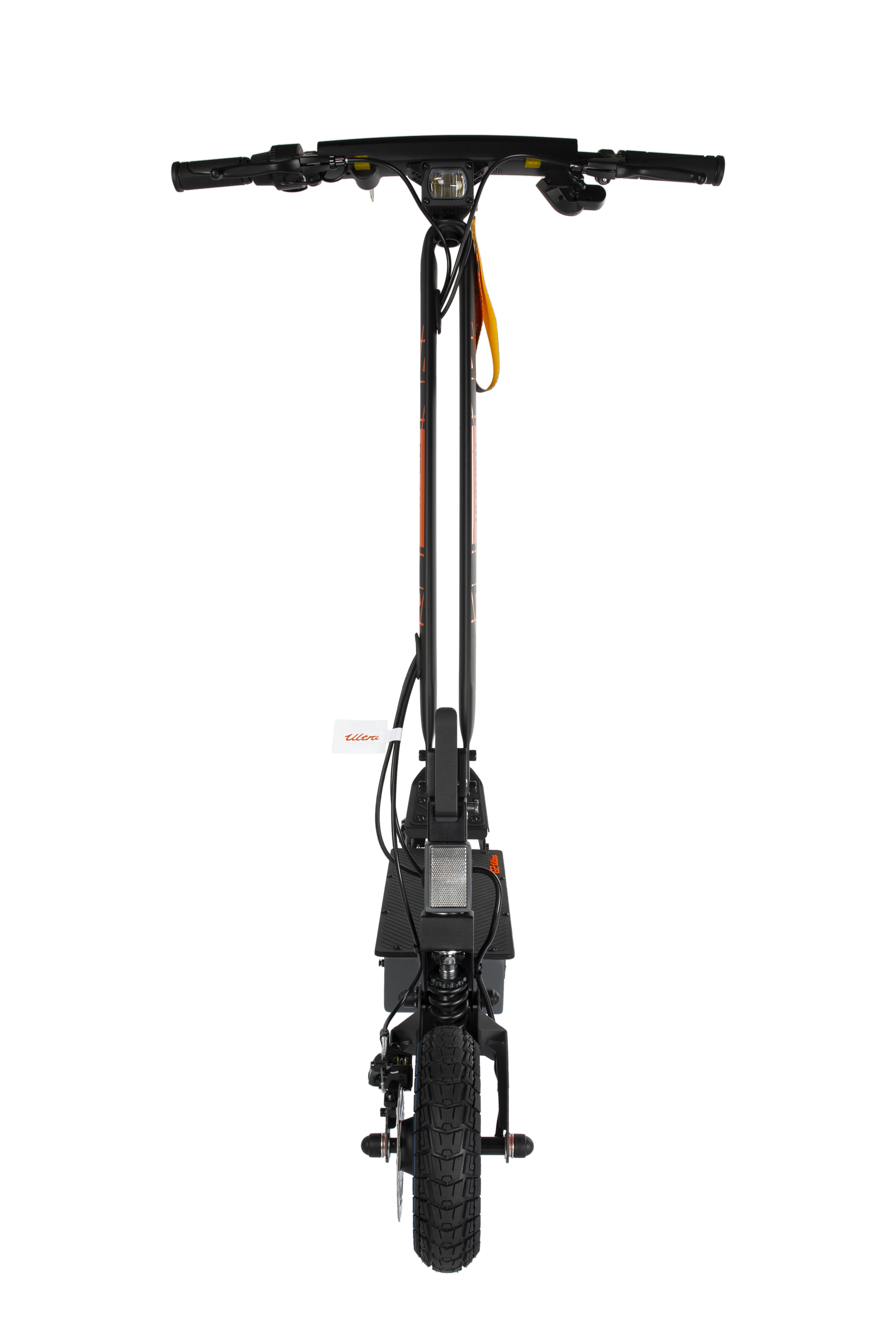 Uno scooter elettrico nero con accenti arancioni e una singola ruota anteriore.