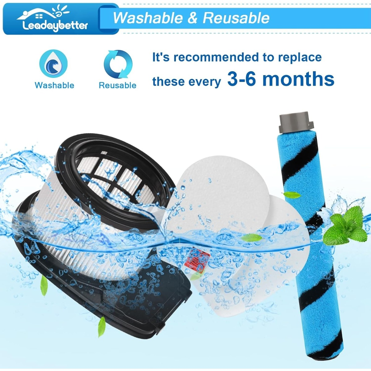Waschbarer Filter, Ersatzrollen und runde Filter in Wasser.
