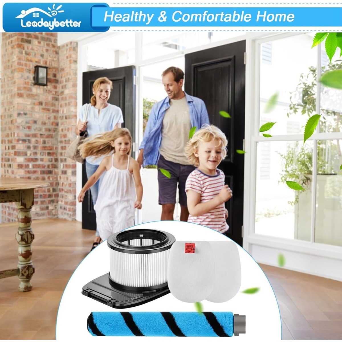 Familie betritt ein Haus, im Vordergrund Staubsaugerteile.
