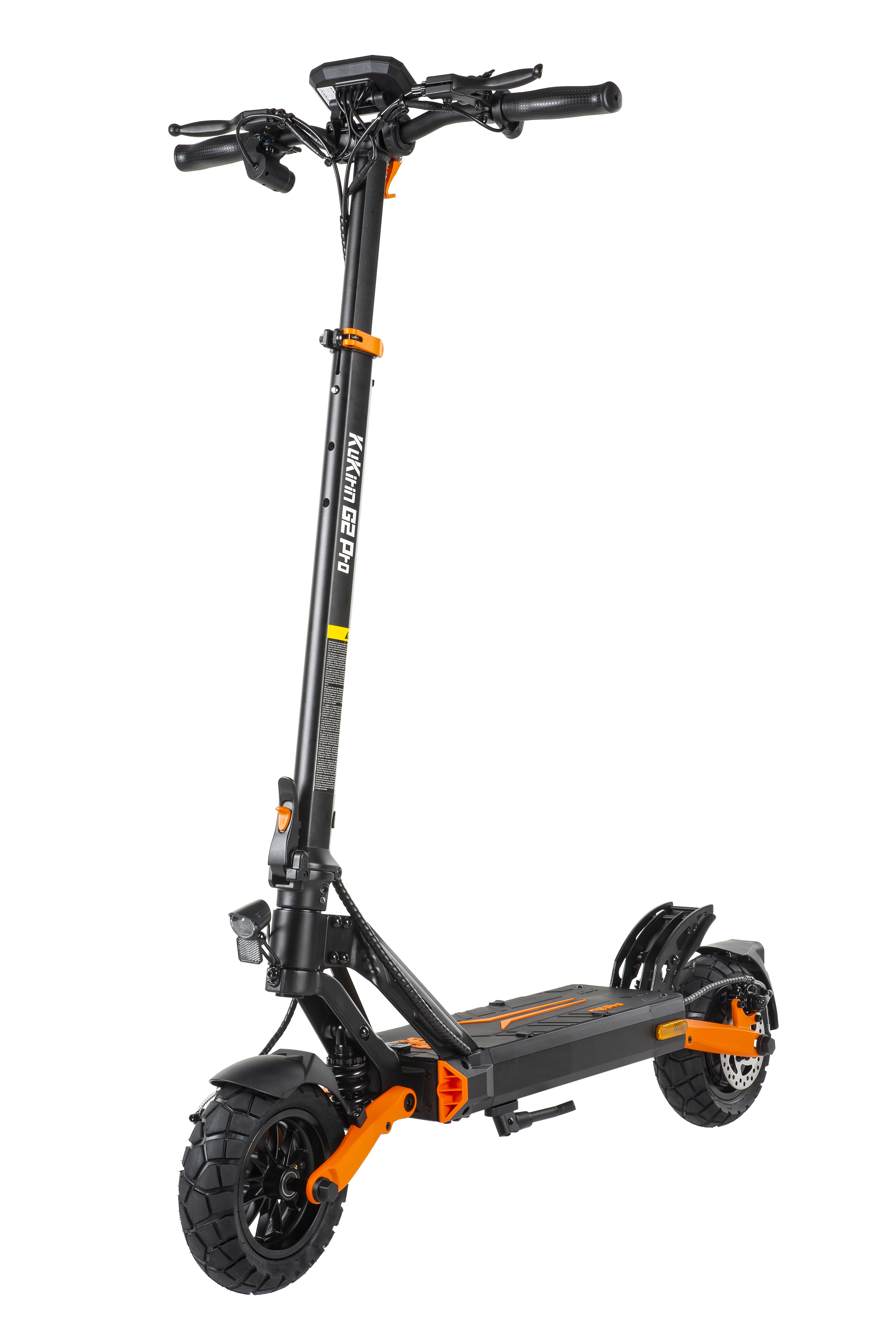 Ein schwarzer Elektroroller mit orangefarbenen Akzenten und großen Rädern.