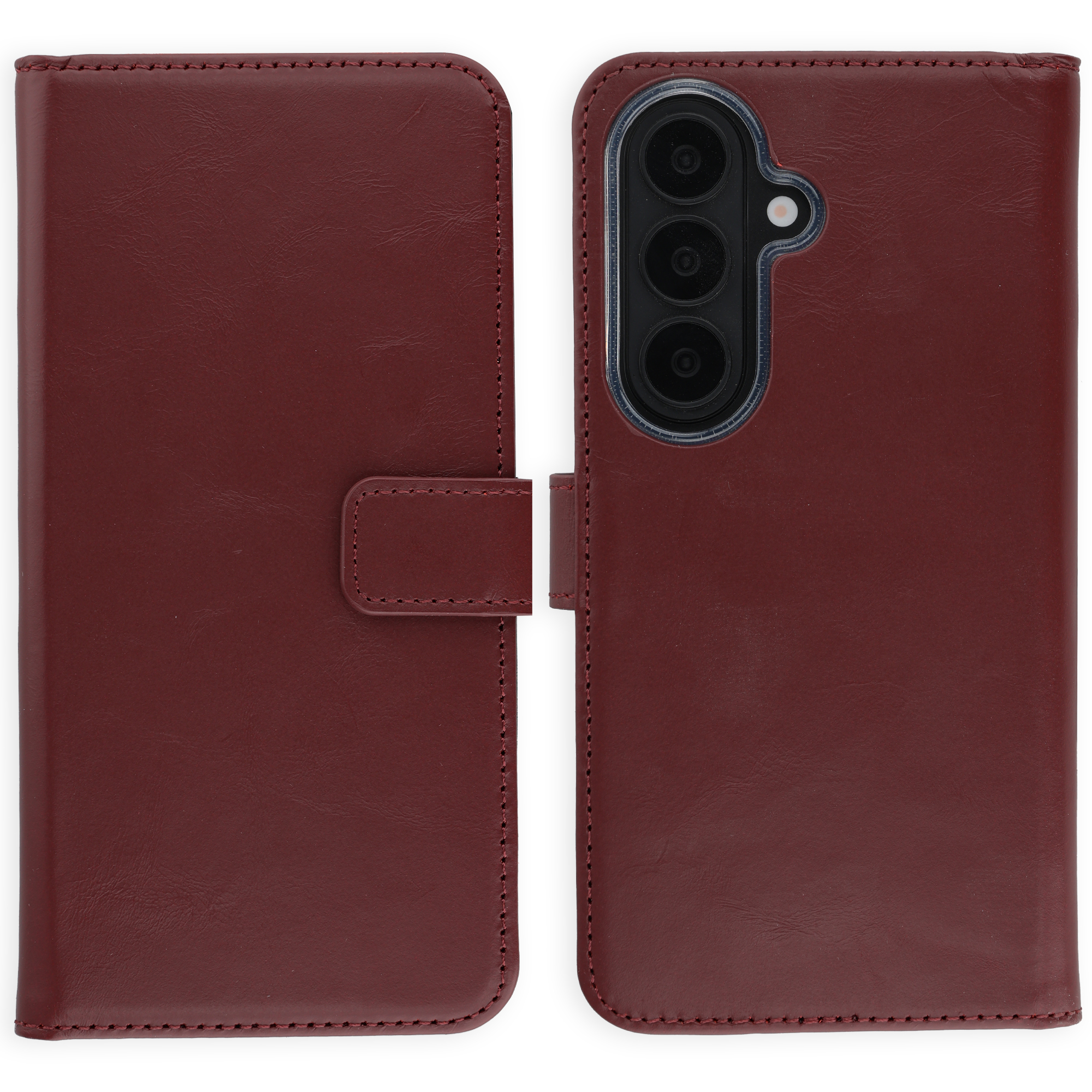Een donkerrode leren flip telefoonhoes met stiksels en camerauitsparing.