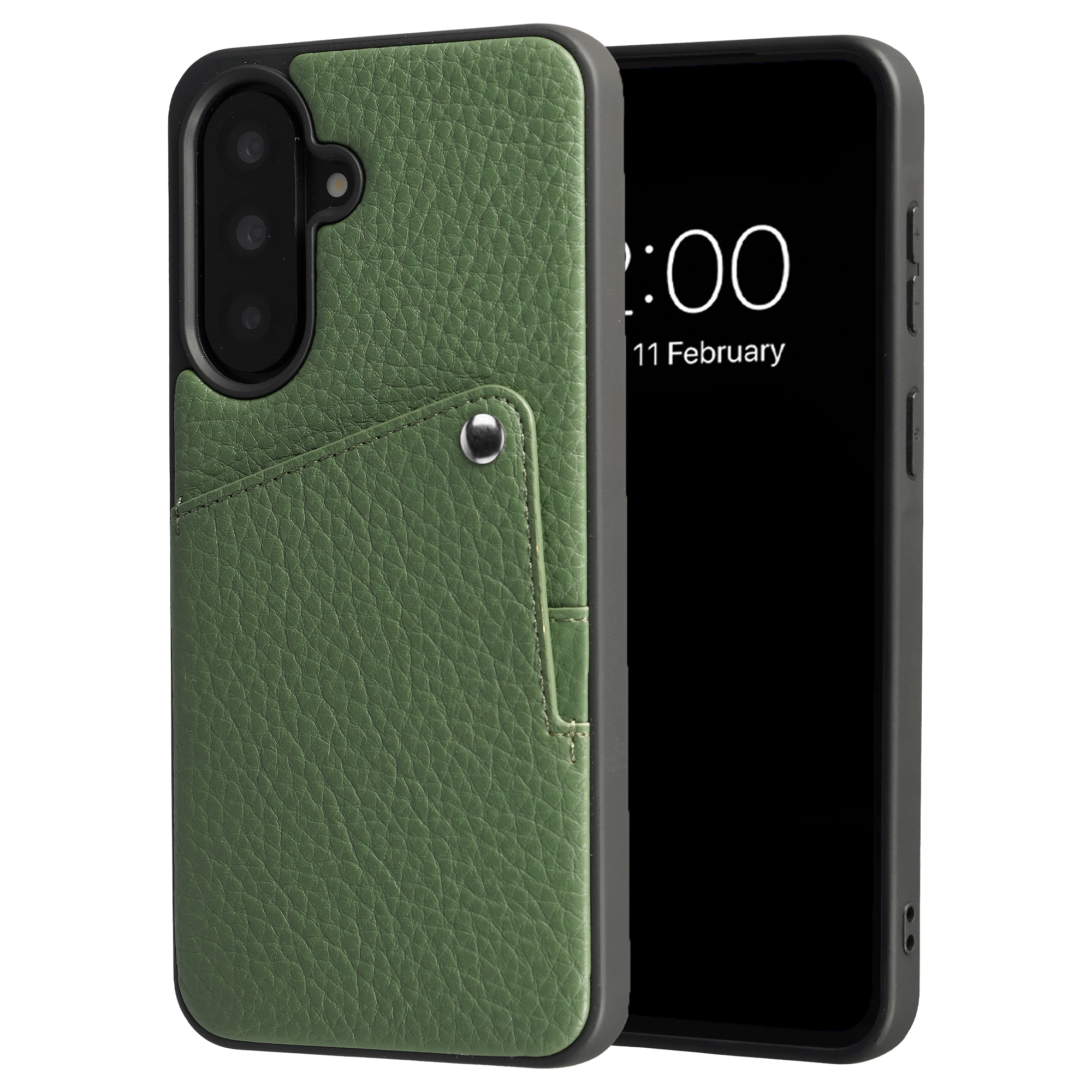Grüne Handyhülle aus Leder mit Kartenfach und Handy-Display.