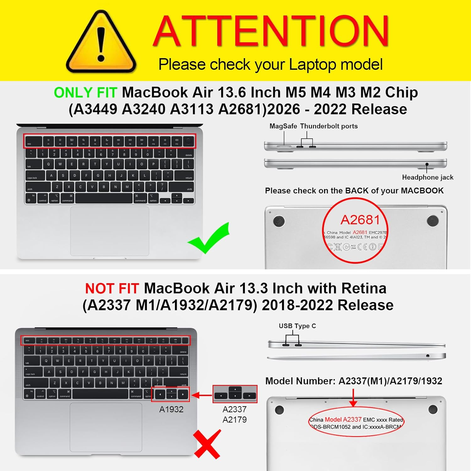 Warnung: MacBook Air 13.6 Zoll (links) vs. 13.3 Zoll (rechts). Prüfen Sie die Modellnummer.