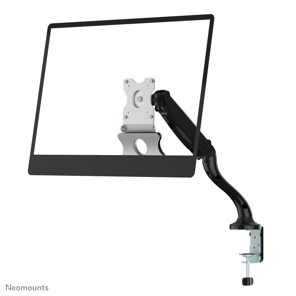 Een monitorarm met zwarte scharnierende arm bevestigd aan een zilveren klembasis.