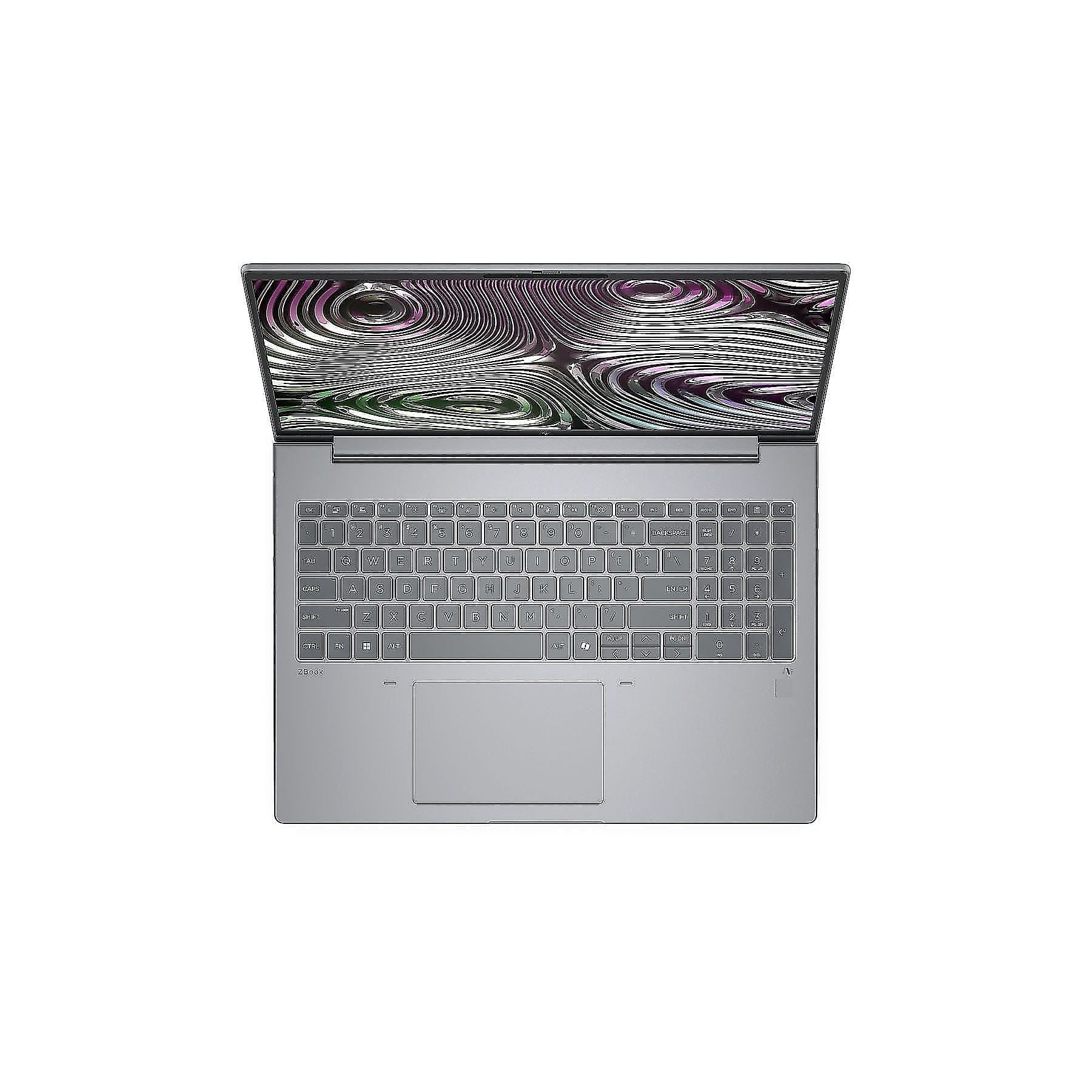 Un laptop argento aperto con un motivo astratto vorticoso sullo schermo.