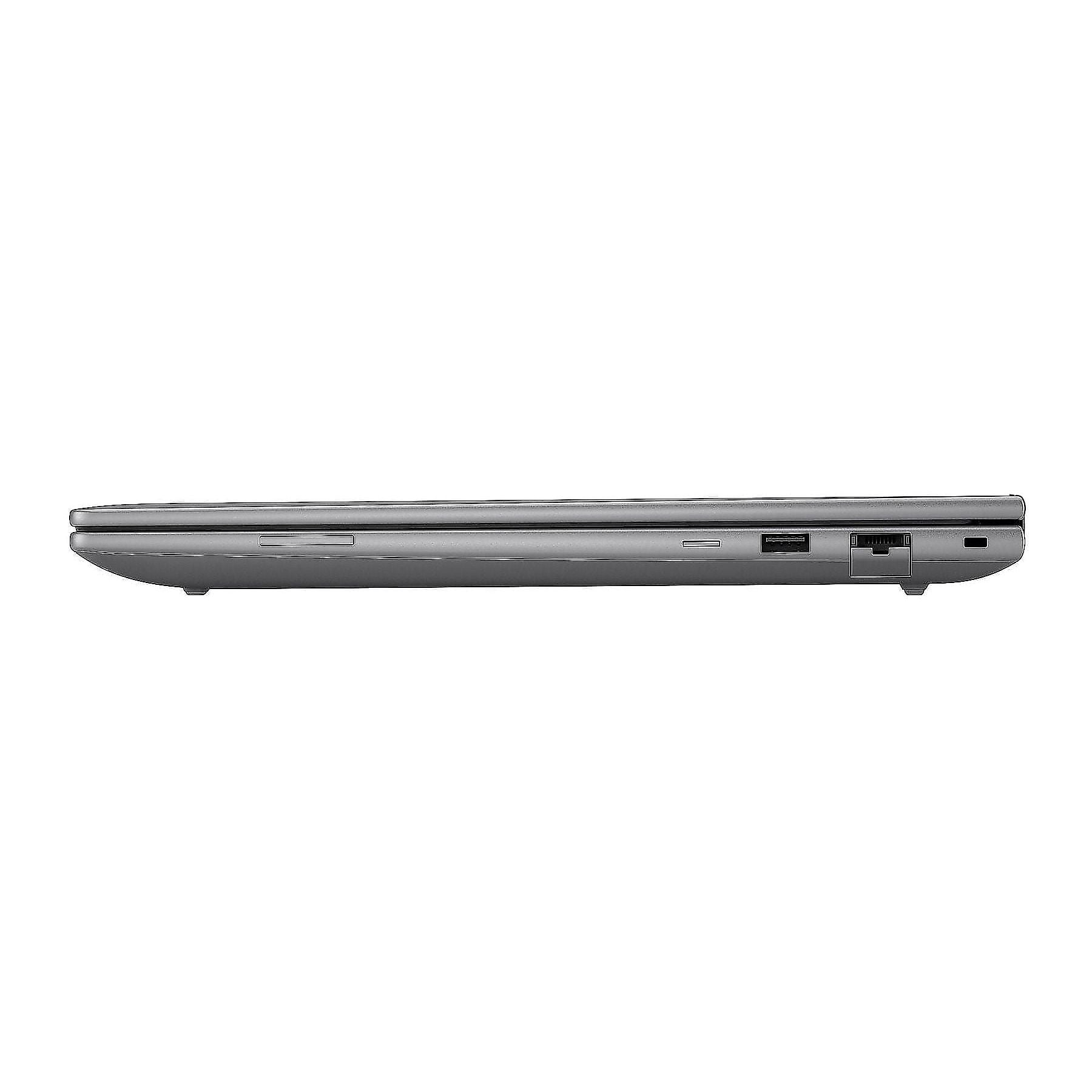 Vista laterale di un laptop grigio con porte: USB, lettore di schede SD ed Ethernet.