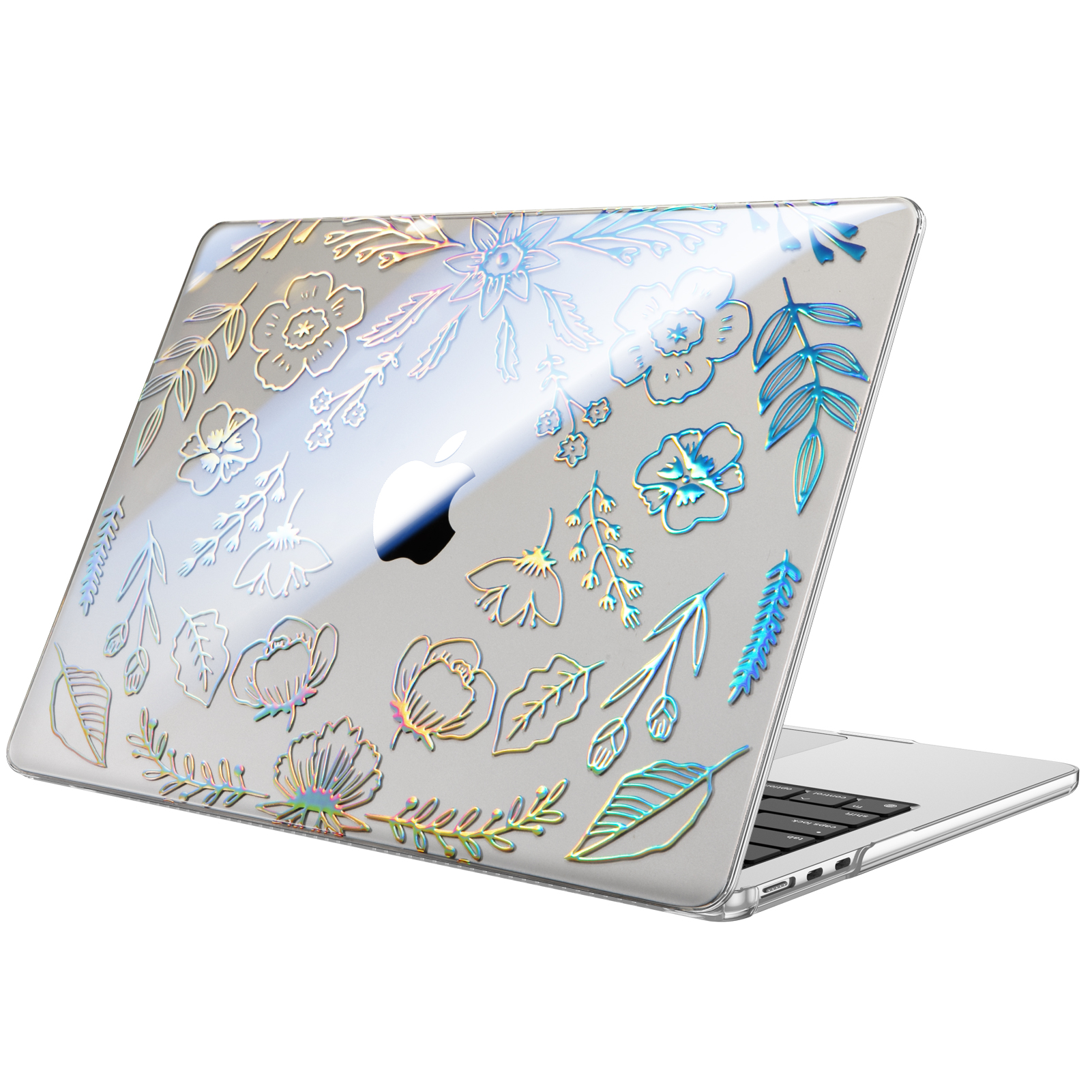 Ein transparenter Laptop-Schutz mit Blumenmuster und schillernden Akzenten.