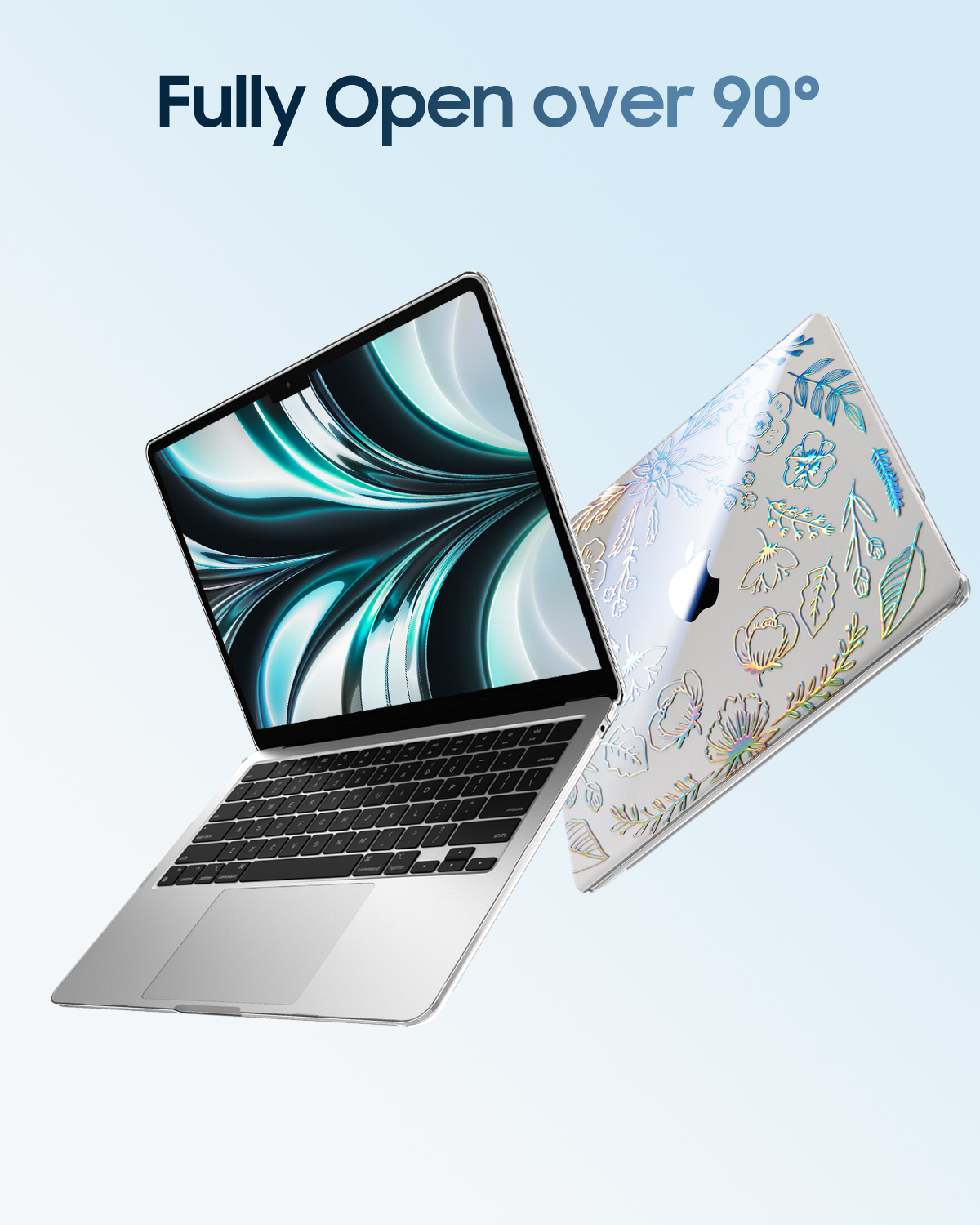 Ein silberner Laptop mit geöffnetem Deckel und einer transparenten Hülle mit Blumenmuster.