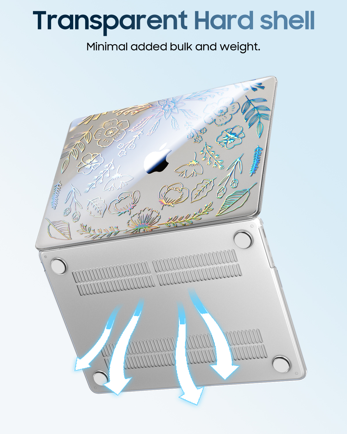 Transparenter Hartschalenkoffer mit Blumenmuster für MacBook mit Lüftungsschlitzen.