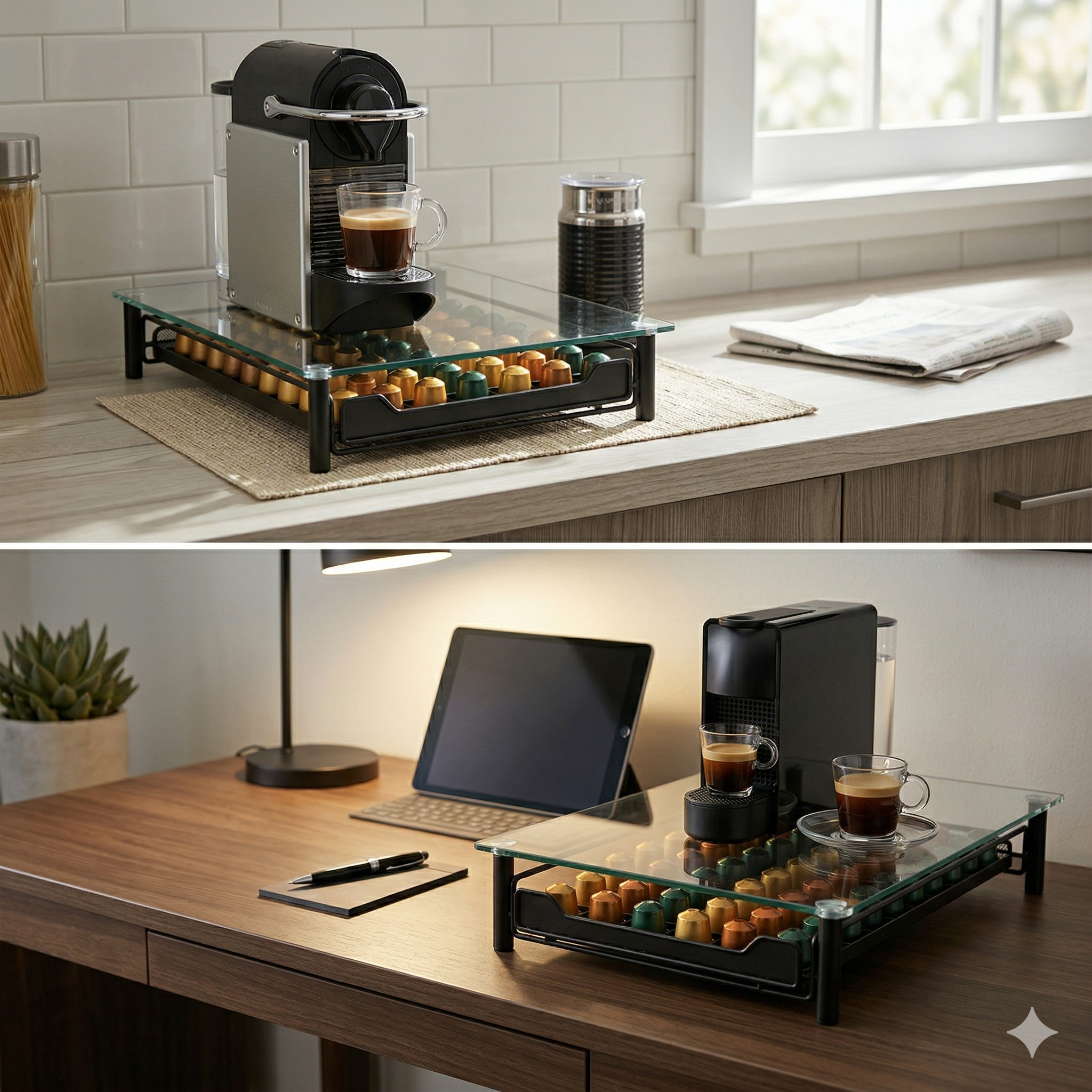 Máquina de café con tazas y cápsulas en un estante de vidrio, cocina y escritorio.