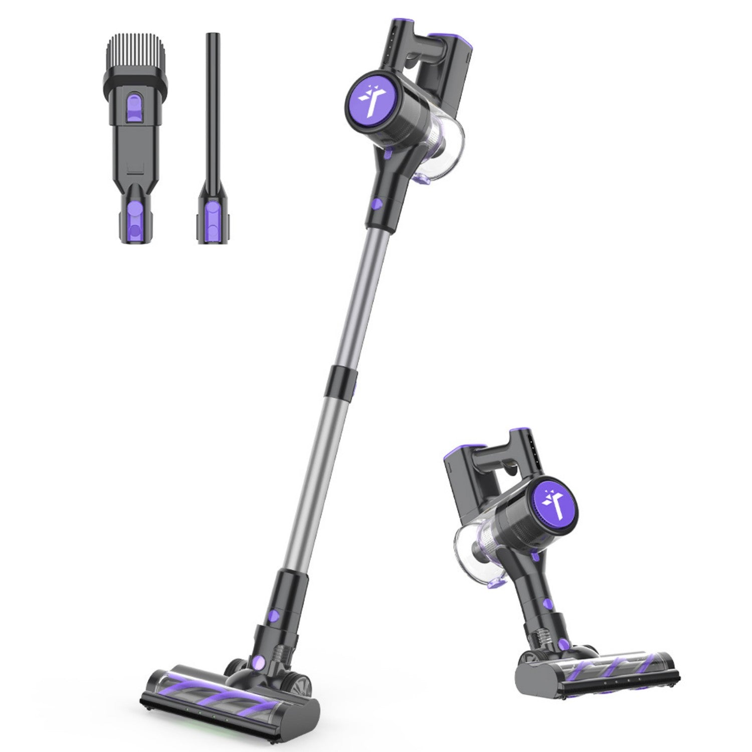 Un aspirador sin cable con accesorios en negro y morado.