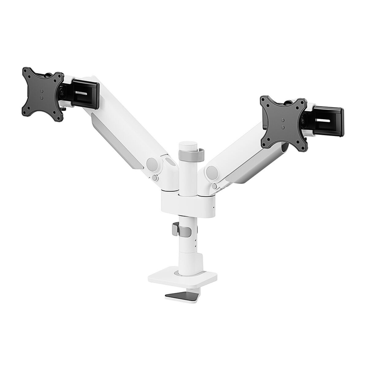 Witte dubbele monitorarm met klemvoet en VESA-houders.