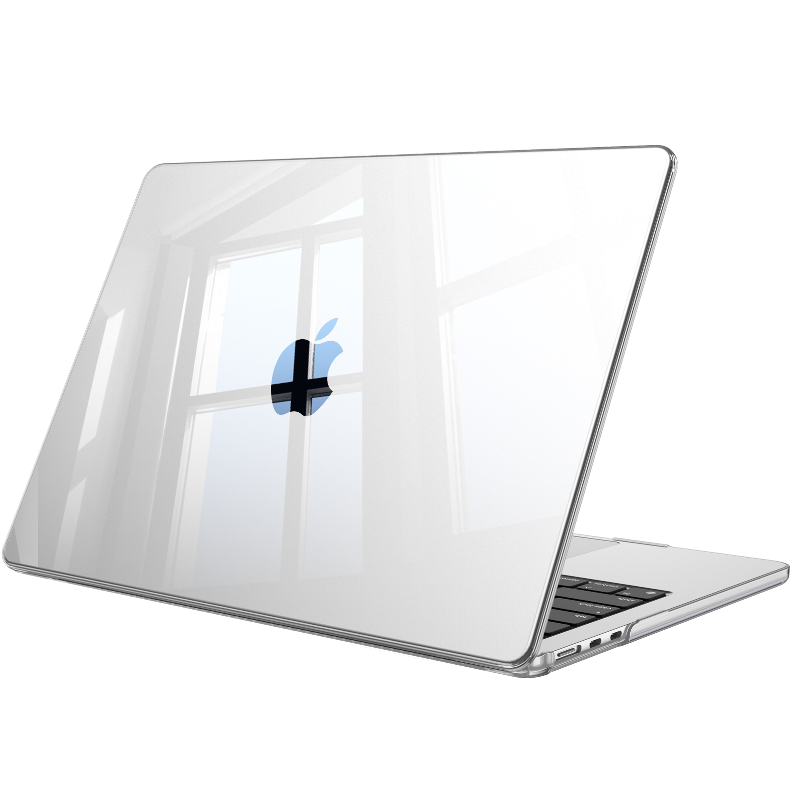 Ein durchsichtiger Laptop-Schutz mit Apple-Logo und Tastaturansicht.