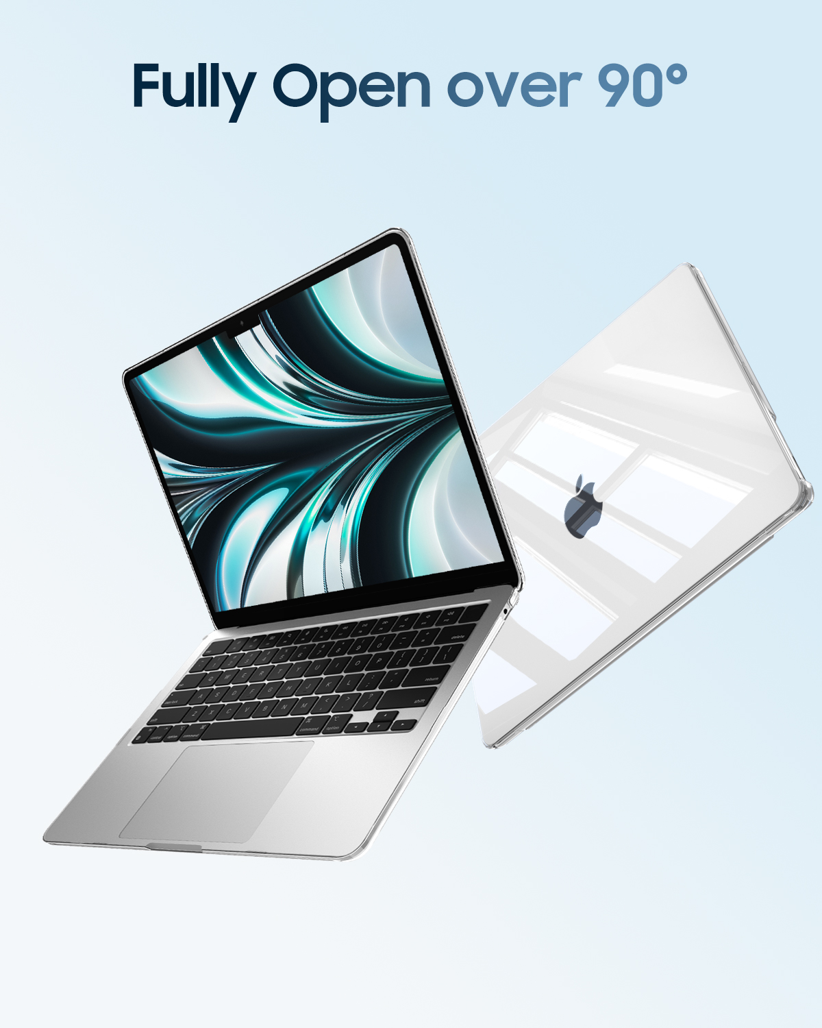 Silbernes MacBook über 90 Grad geöffnet, mit einer klaren Hülle auf einem zweiten MacBook.