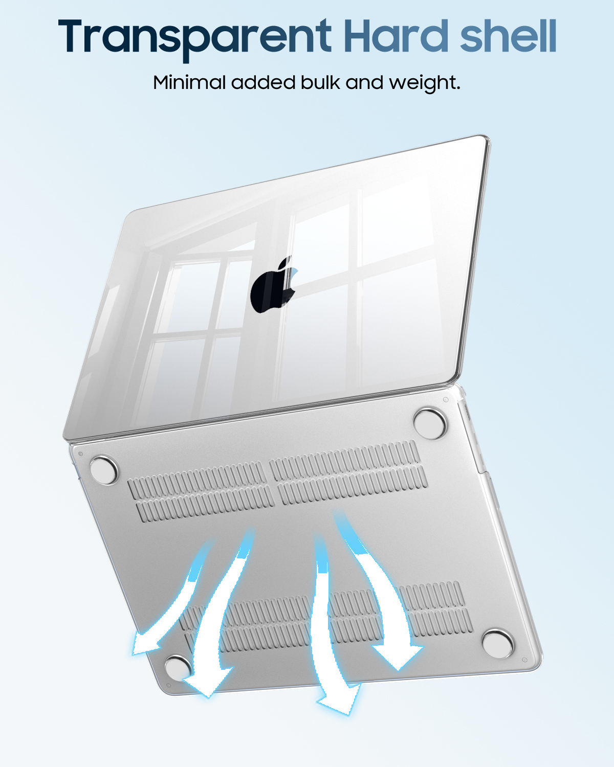 Transparente Hülle für Apple MacBook mit Lüftungsschlitzen. Weiße Pfeile zeigen Luftstrom an.
