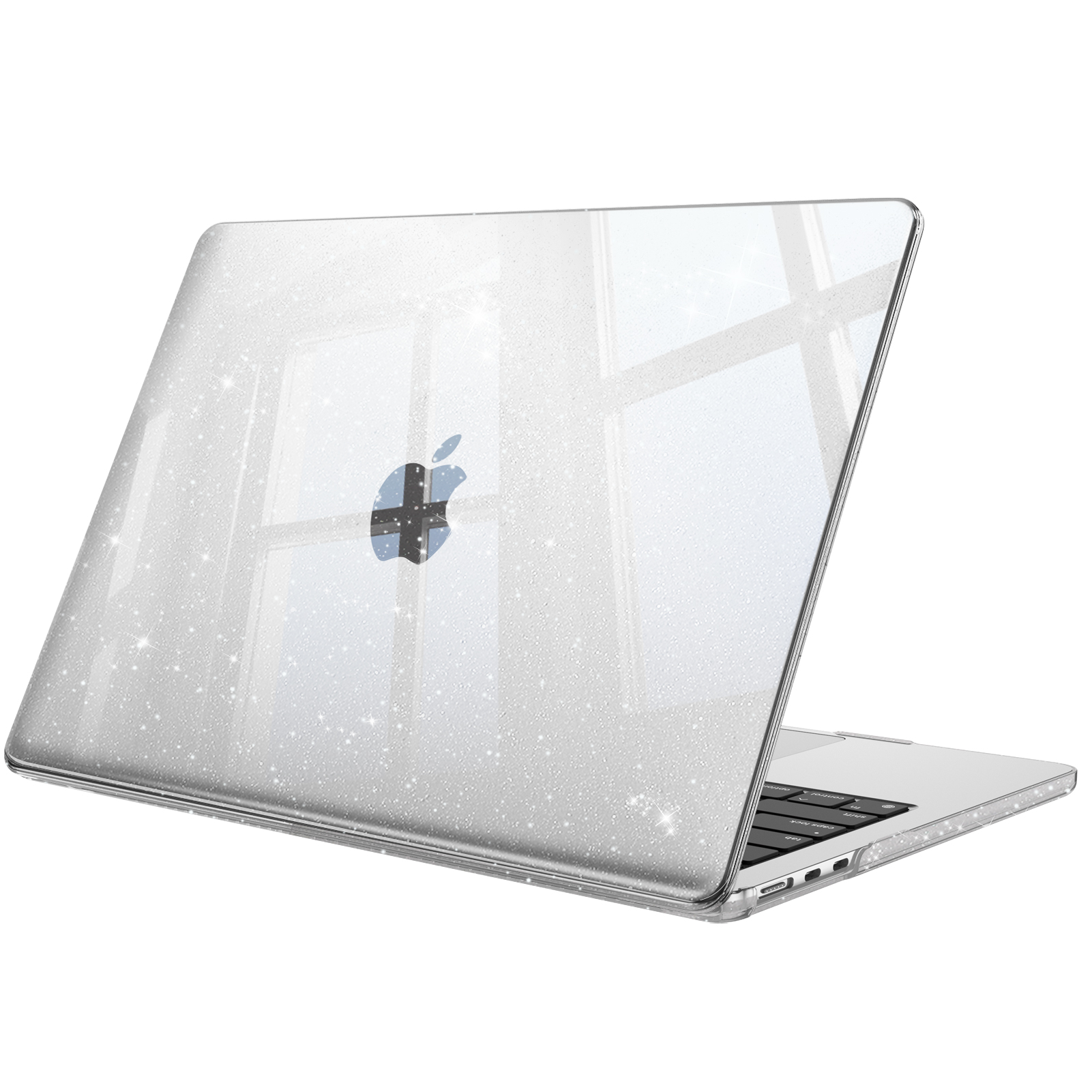 Ein silberner Laptop mit glitzerndem Gehäuse und beleuchtetem Apfel-Logo.