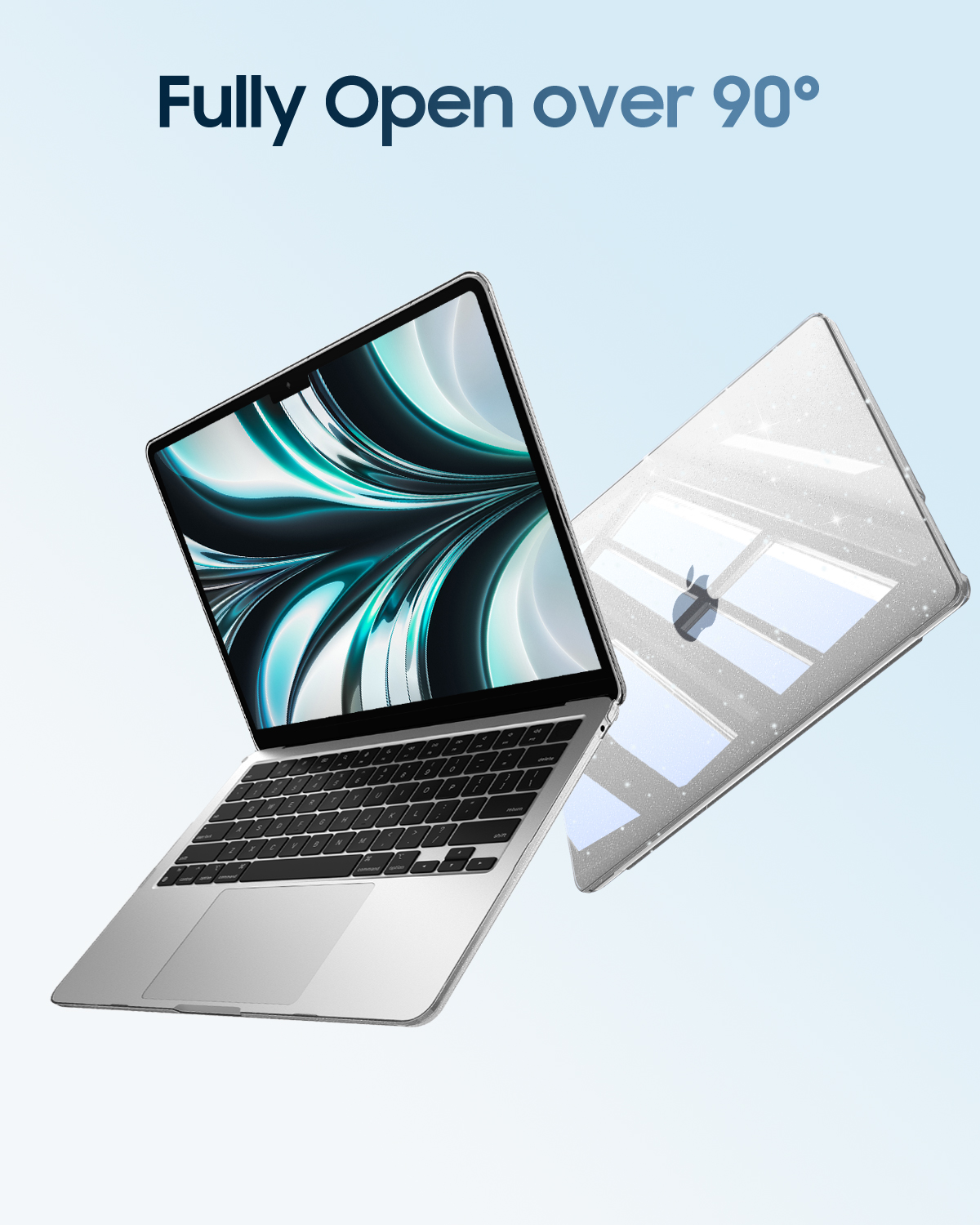 Ein silbernes MacBook mit glitzernder Hülle, geöffnet über 90 Grad.