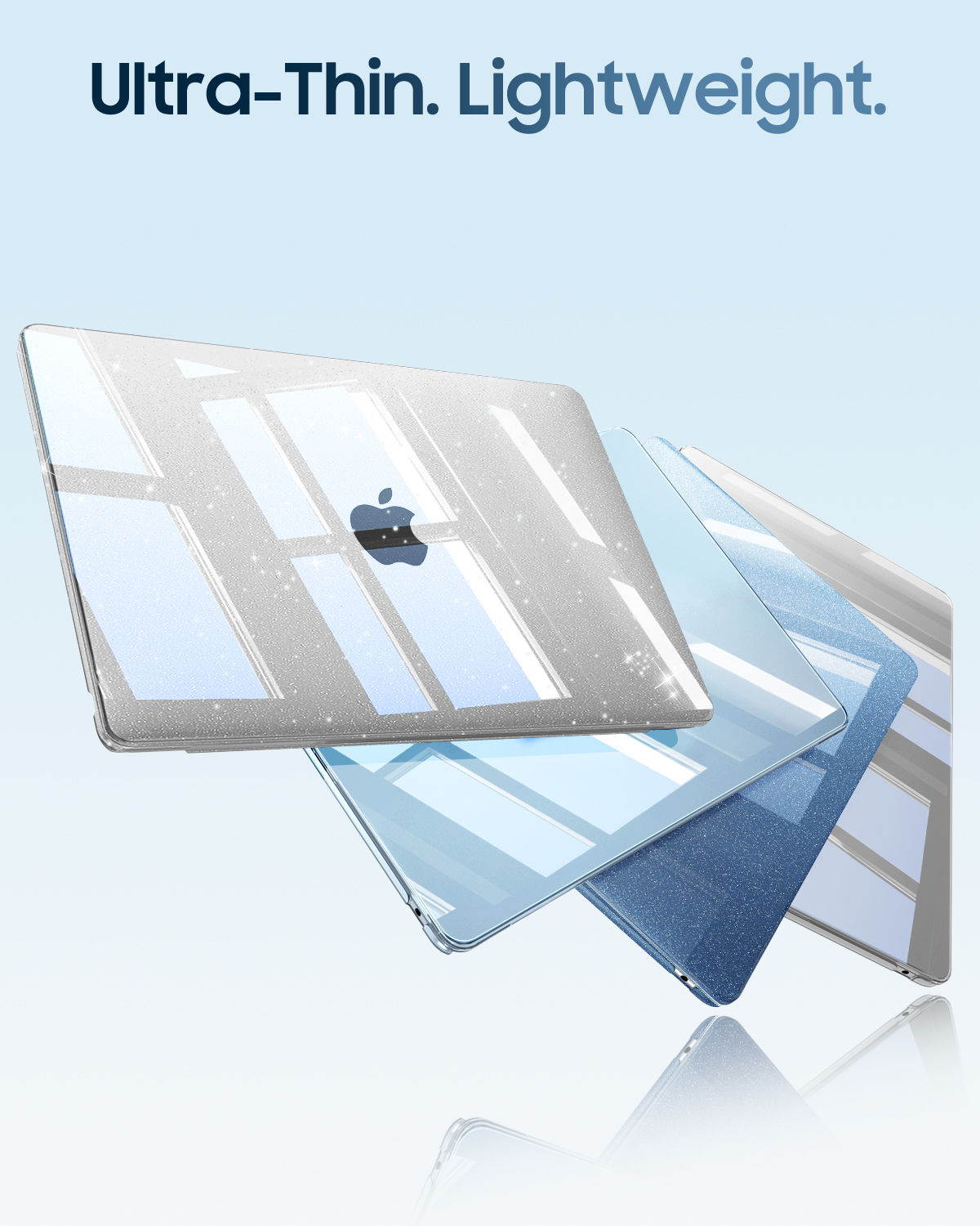 Transparente Laptop-Hüllen mit Glitzer-Effekt in Silber, Hellblau und Dunkelblau.
