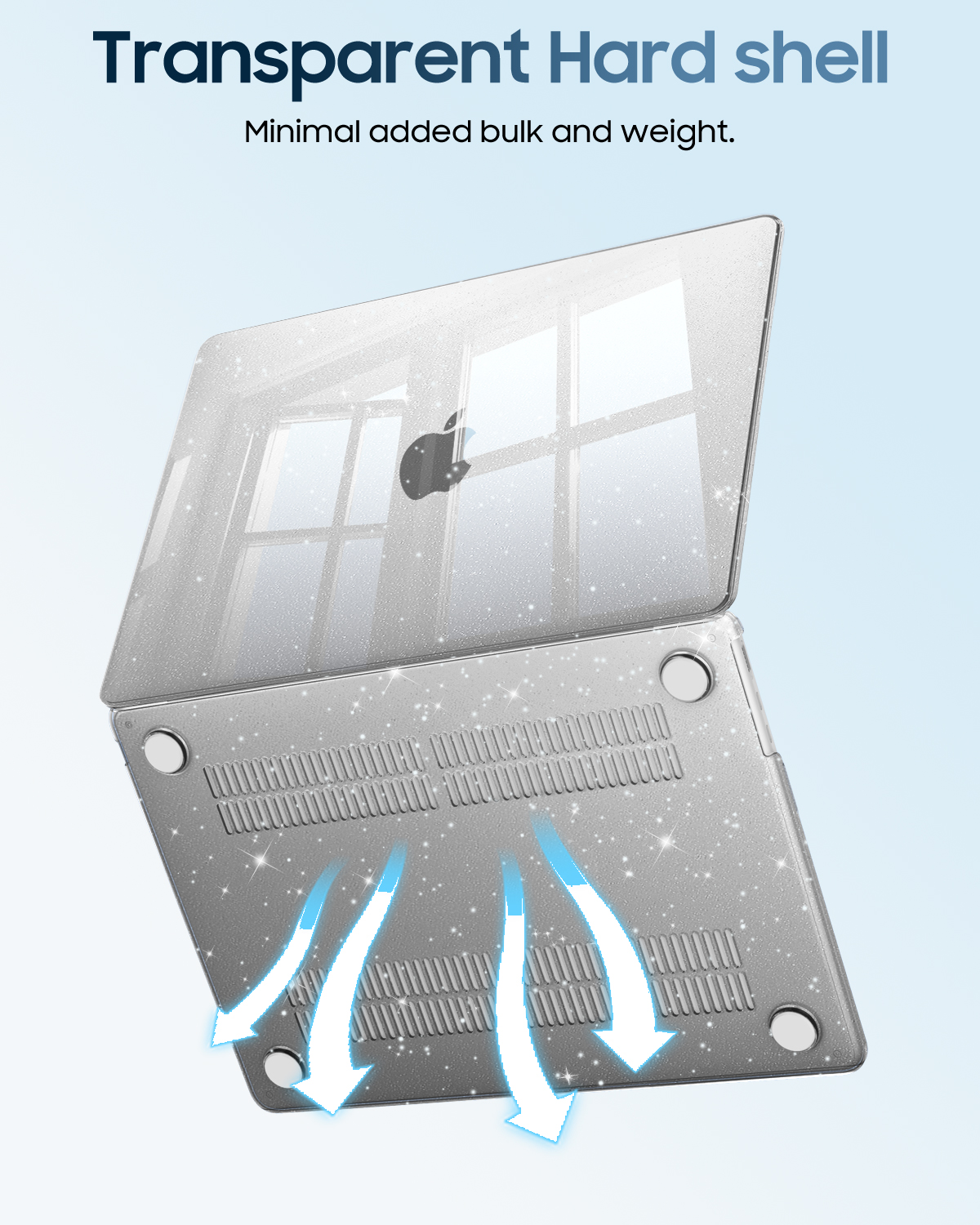 Transparente Hartschale für MacBook mit Glitzer. Zeigt Belüftung.