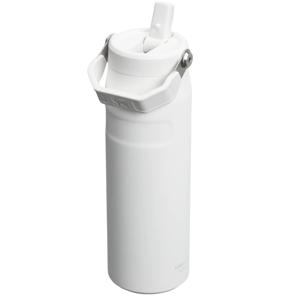 Una botella de agua de acero inoxidable blanca con asa plateada y tapa de pajita.
