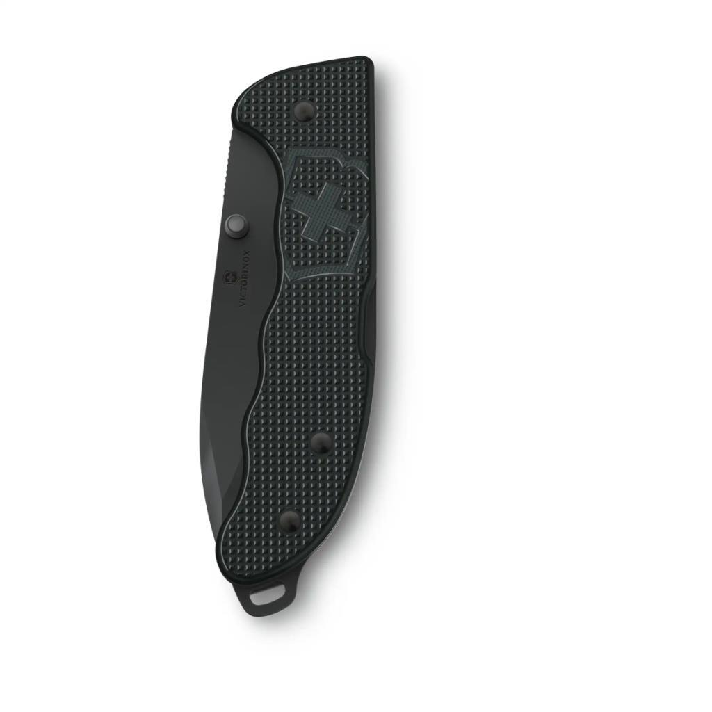 Dokulu saplı ve Victorinox logolu siyah çakı.