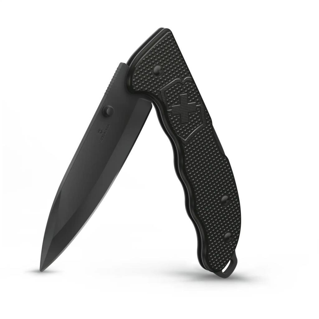 Dokulu saplı ve Victorinox logolu siyah çakı.