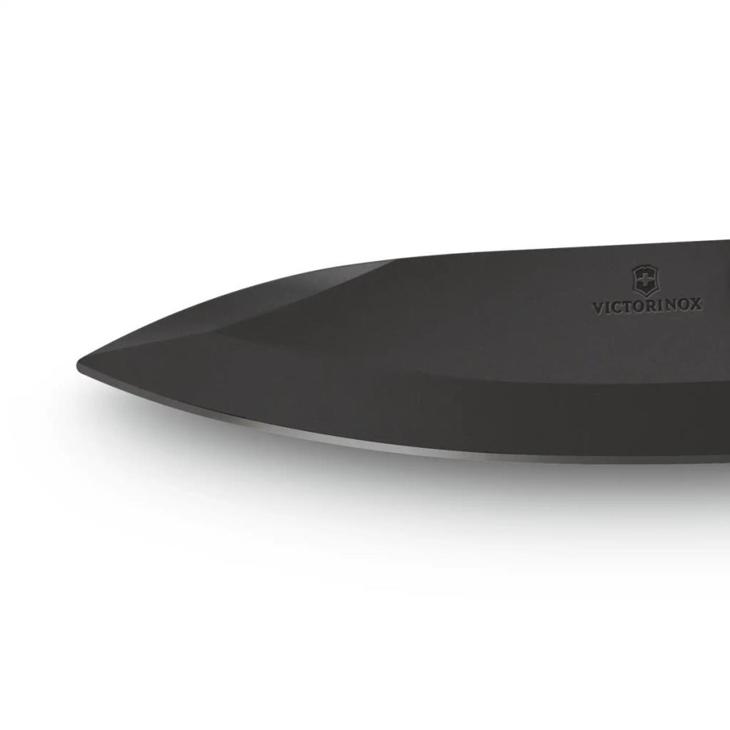 Beyaz arka plan üzerinde Victorinox logolu siyah bıçak.