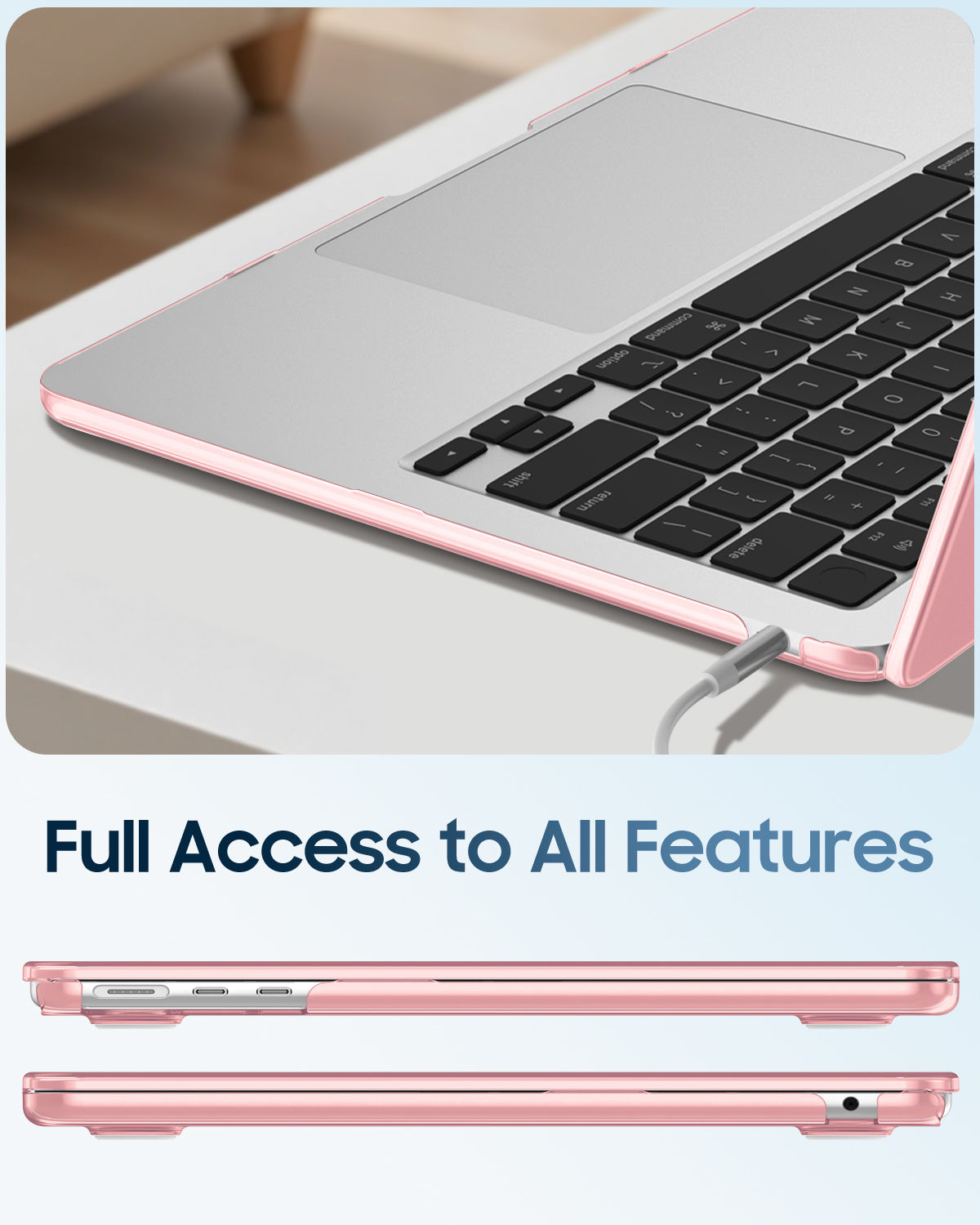 Roségoldene Laptophülle zeigt Tastatur, Trackpad und Anschlüsse.