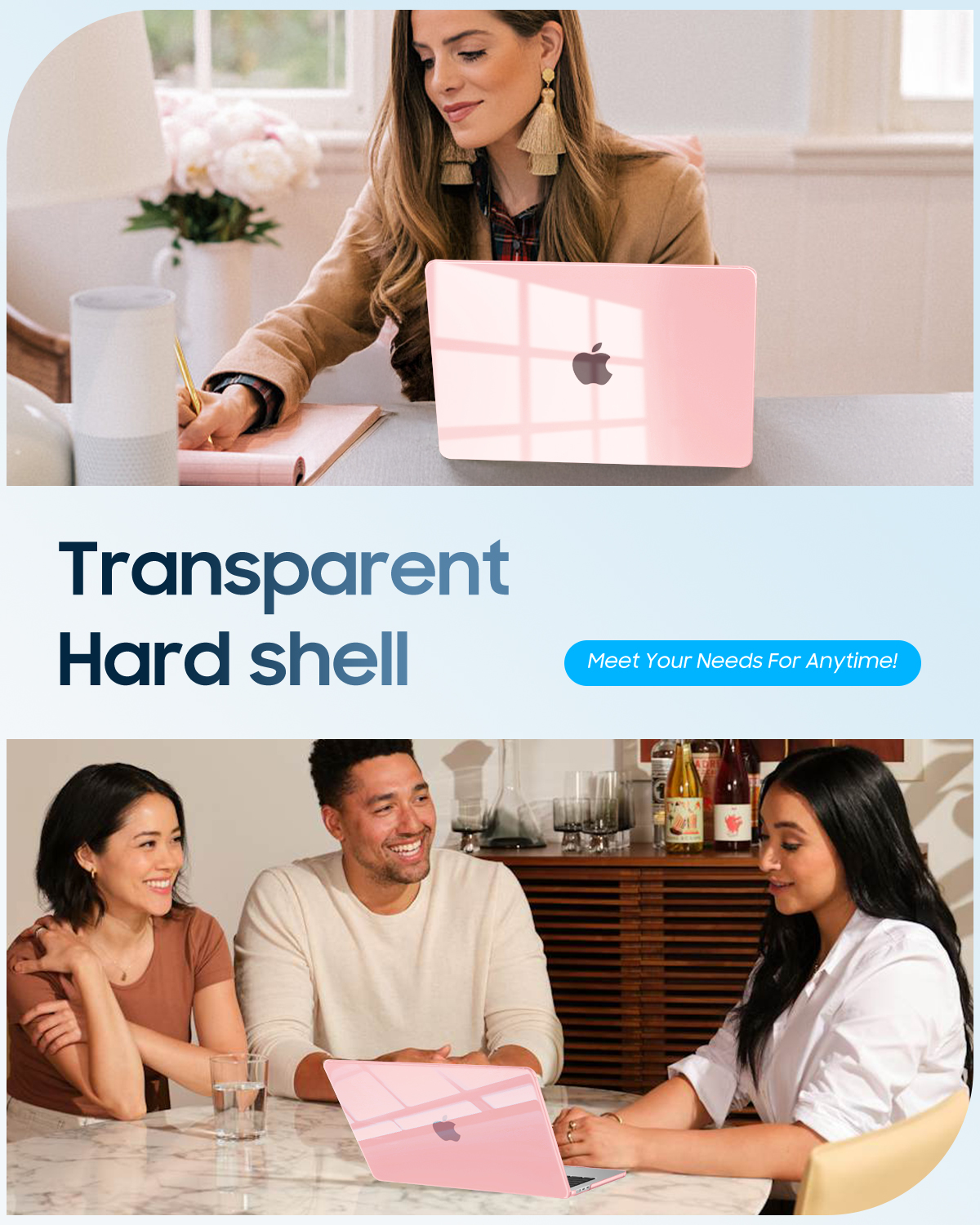 Eine Frau schreibt am Schreibtisch, ein rosa Laptop daneben. Unten lachen drei Leute um einen Tisch mit Laptop.
