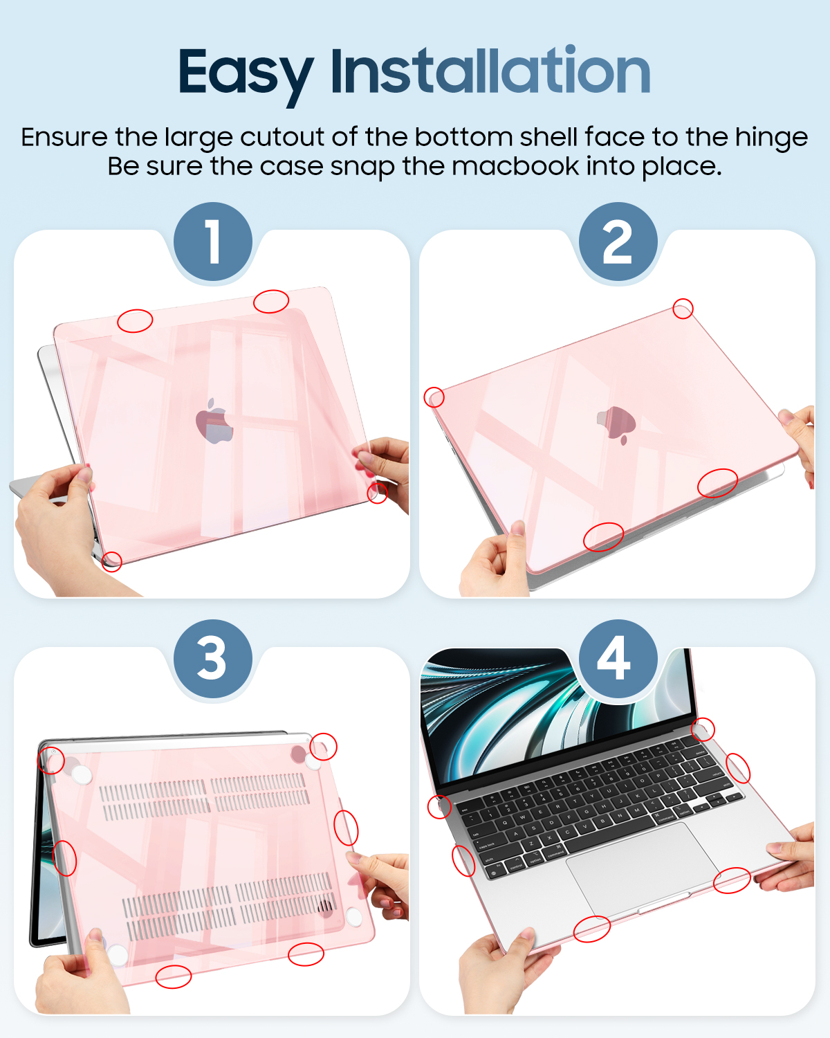 Anleitung zur Installation einer MacBook-Hülle in 4 Schritten, mit roten Markierungen.