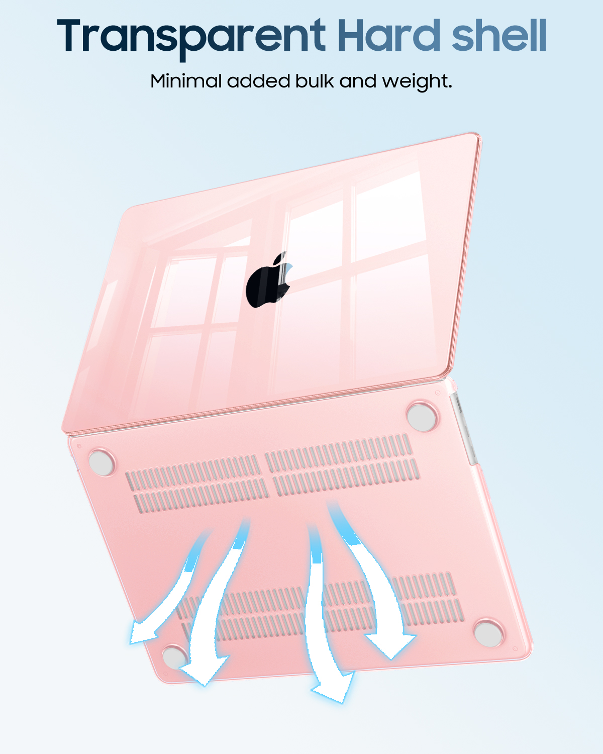 Ein rosafarbener Apple-Laptop mit durchsichtiger Hülle, der Wärme ableitet.