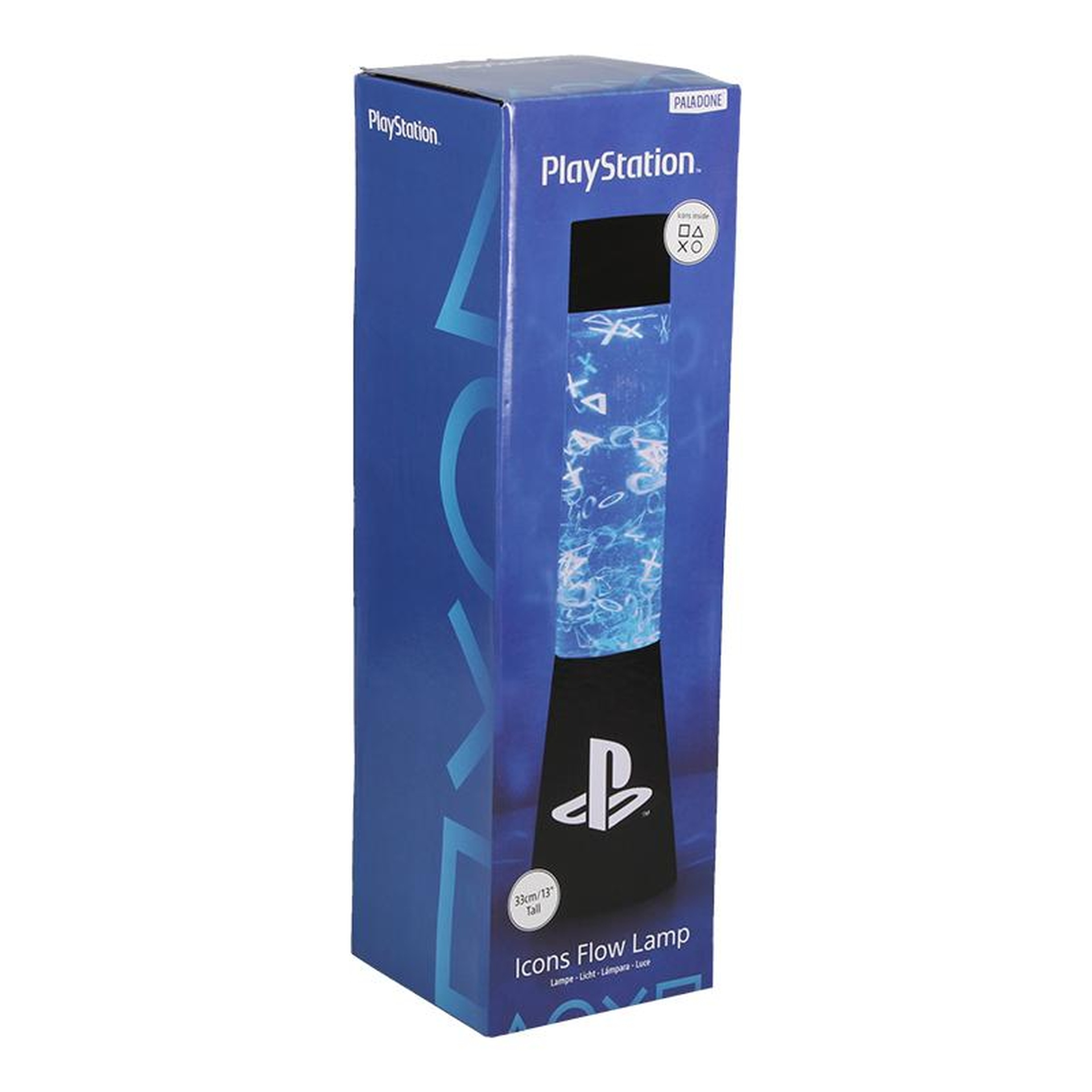 Eine blaue PlayStation-Box mit einem beleuchteten Lavalampe-Design im Inneren.