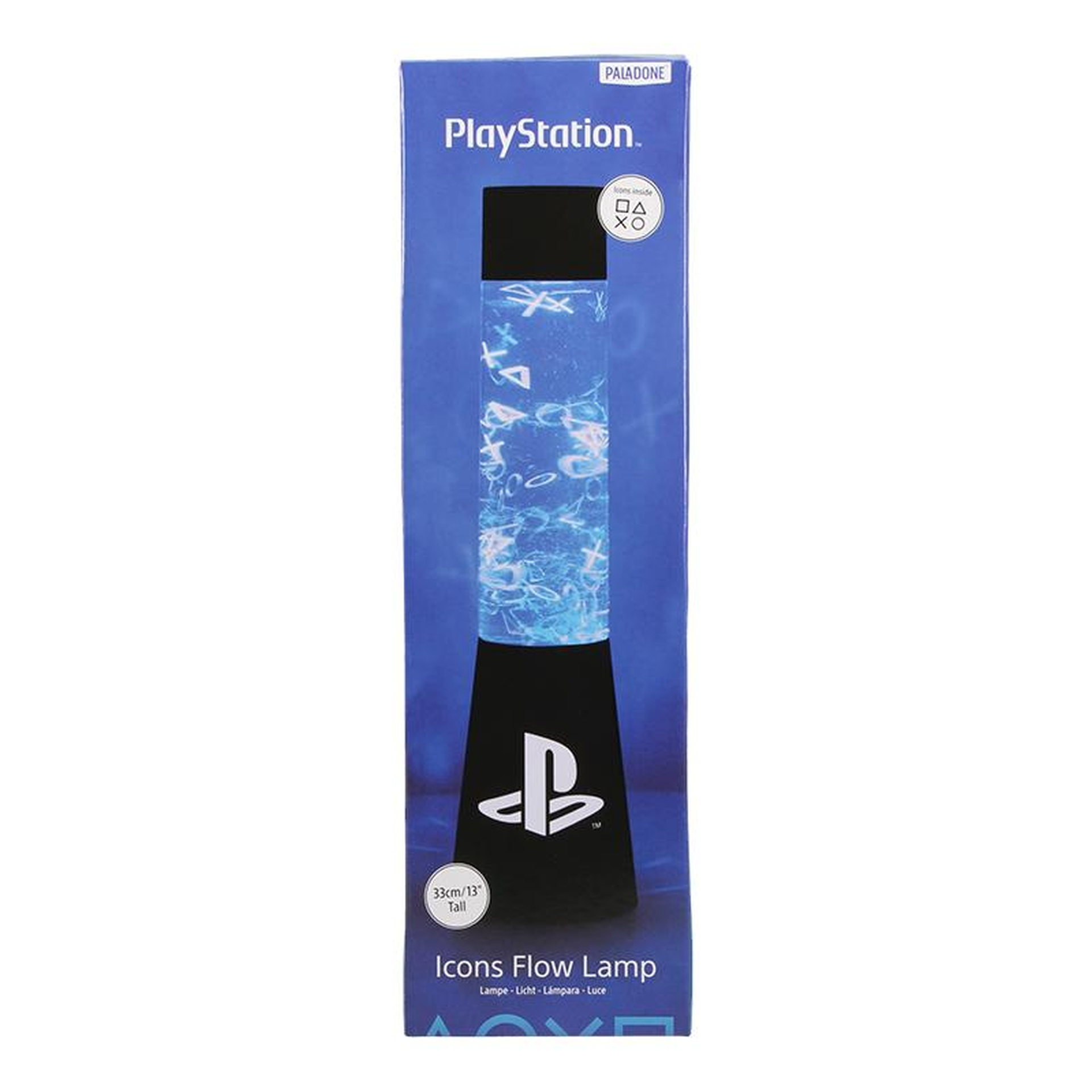 Verpackung einer PlayStation Icons Flow Lampe mit PlayStation-Logo und Symbolen.