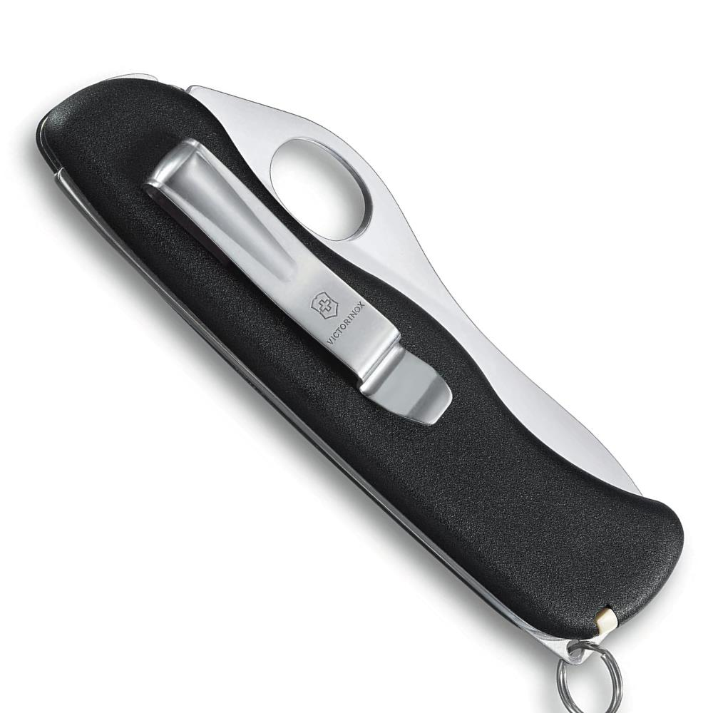 Victorinox logolu gümüş klipsli siyah cep çakısı.