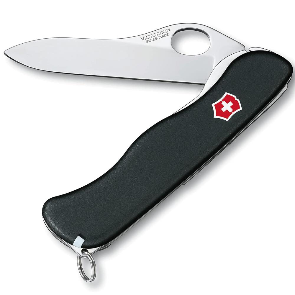 Açık gümüş bıçaklı ve kırmızı İsviçre haçı logolu siyah bir Victorinox çakı.