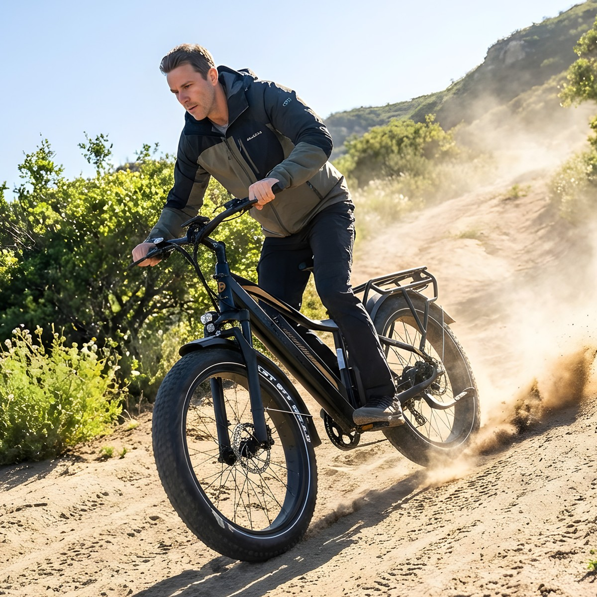 Mężczyzna jedzie rowerem elektrycznym po zakurzonym, piaszczystym szlaku z drzewami i wzgórzami w tle.