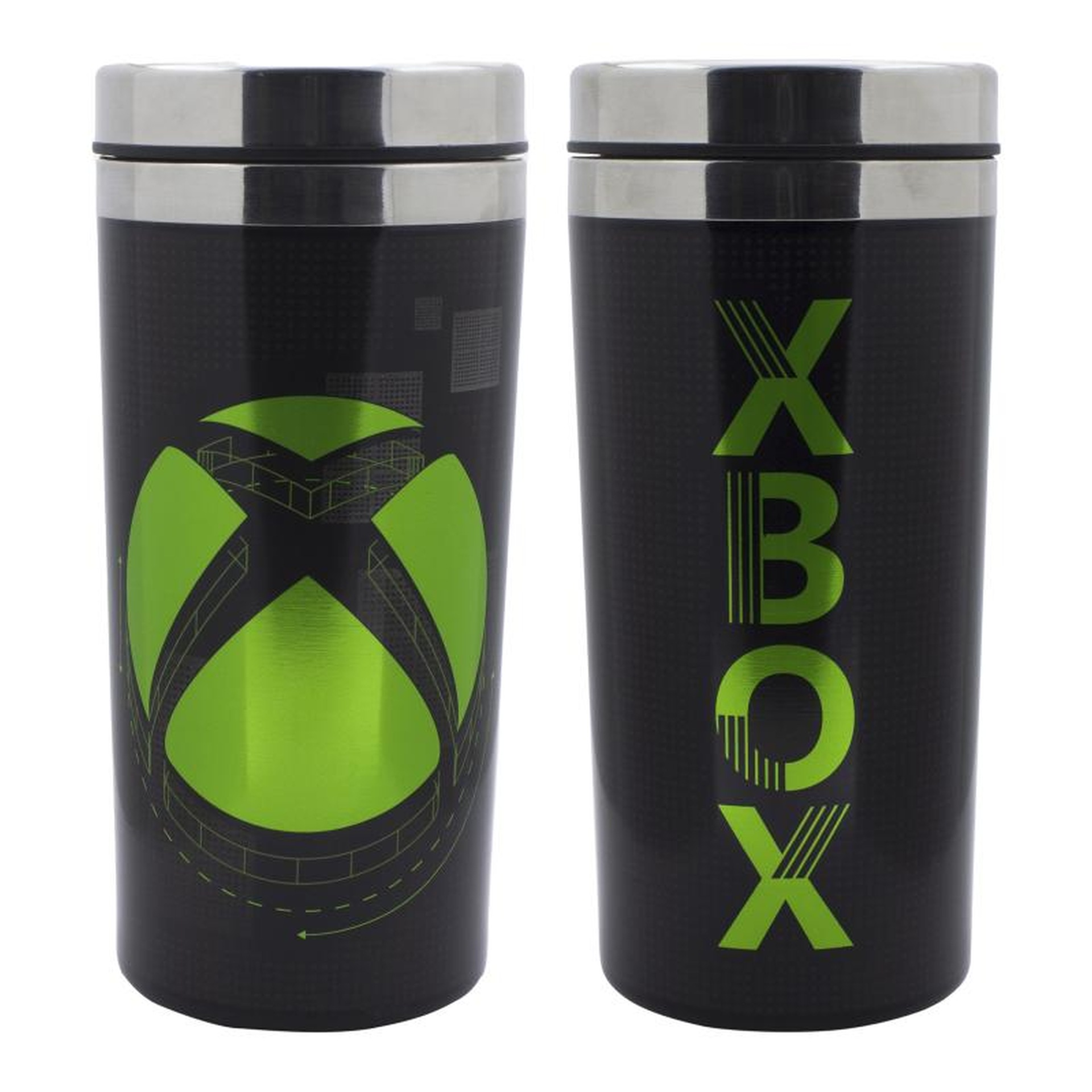 Dwa czarne kubki Xbox z srebrnymi pokrywkami, jeden z logo Xbox, drugi z pionowym napisem Xbox.