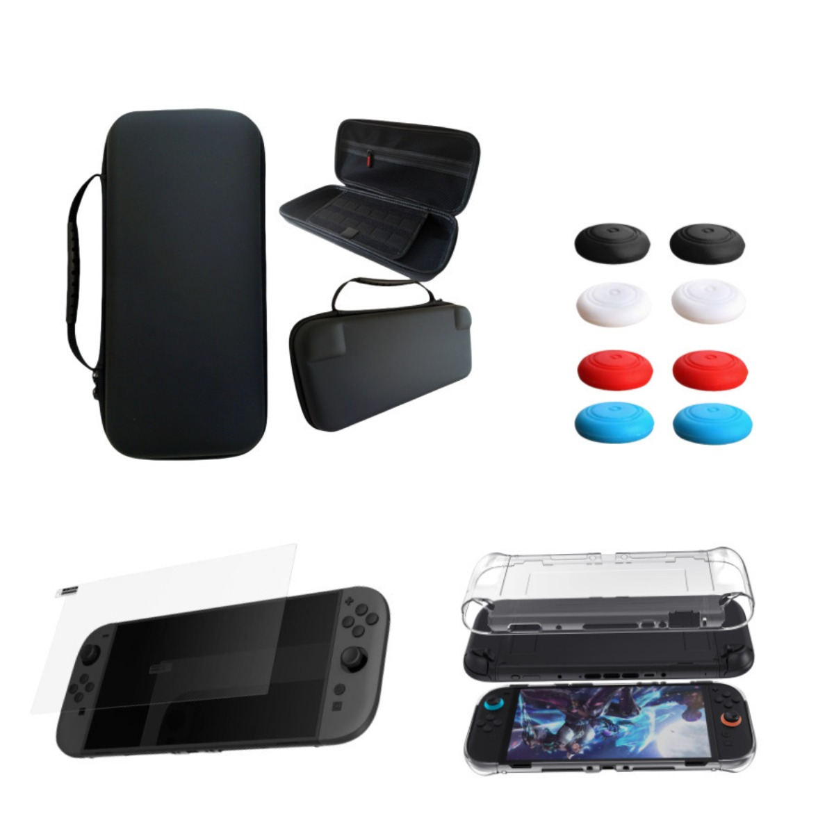 Accessoires Nintendo Switch : étuis, grips, protection d'écran et coque transparente.