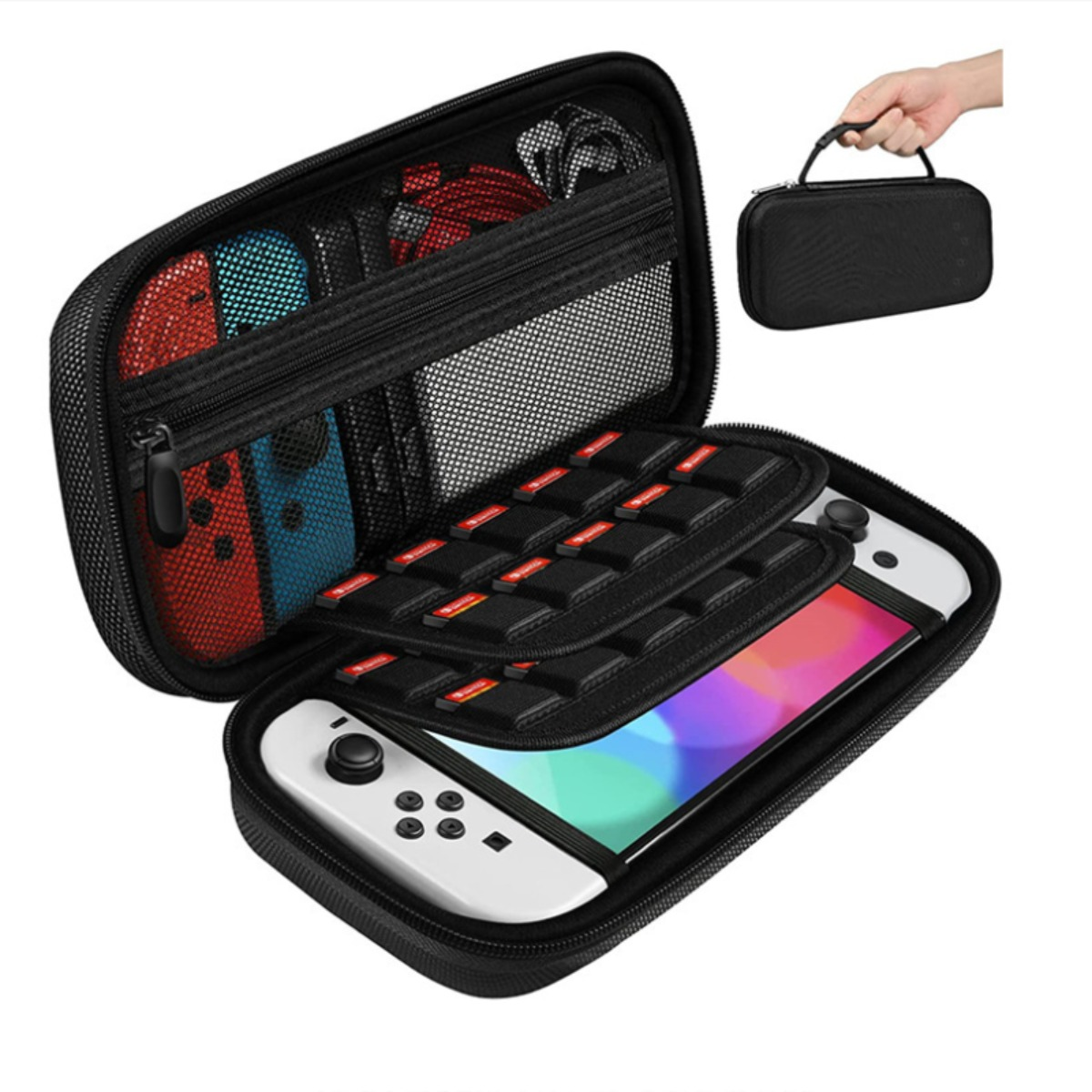 Étui noir ouvert avec Switch blanc, Joy-Cons rouge/bleu, cartes et câbles.