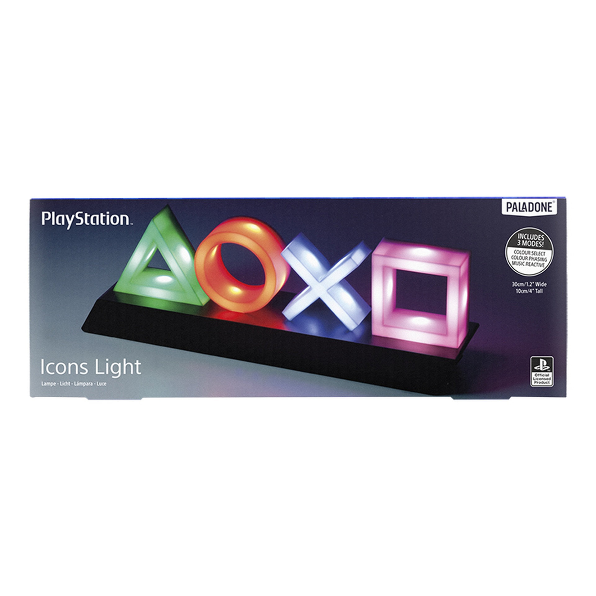 PlayStation Icons Light mit grünem Dreieck, orangem Kreis, blauem Kreuz, pinkem Quadrat auf schwarzem Sockel.