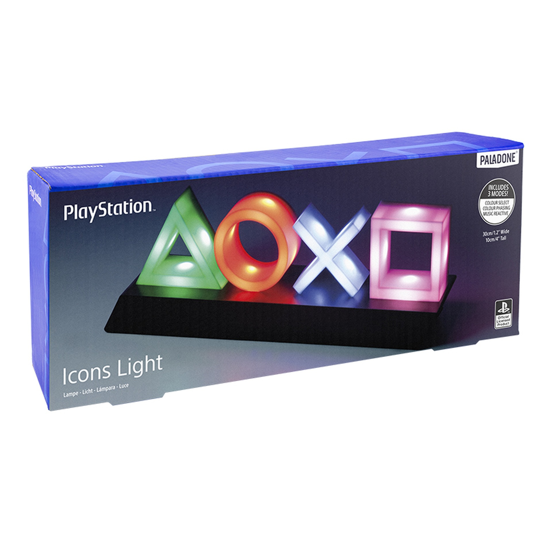 PlayStation Icons Light-Verpackung mit leuchtenden Symbolen: Dreieck, Kreis, Kreuz, Quadrat.