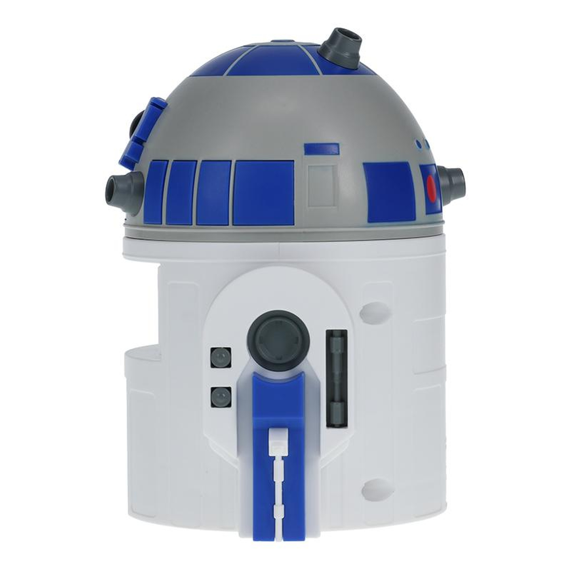 Biało-szary robot z niebieskimi akcentami, inspirowany R2-D2.