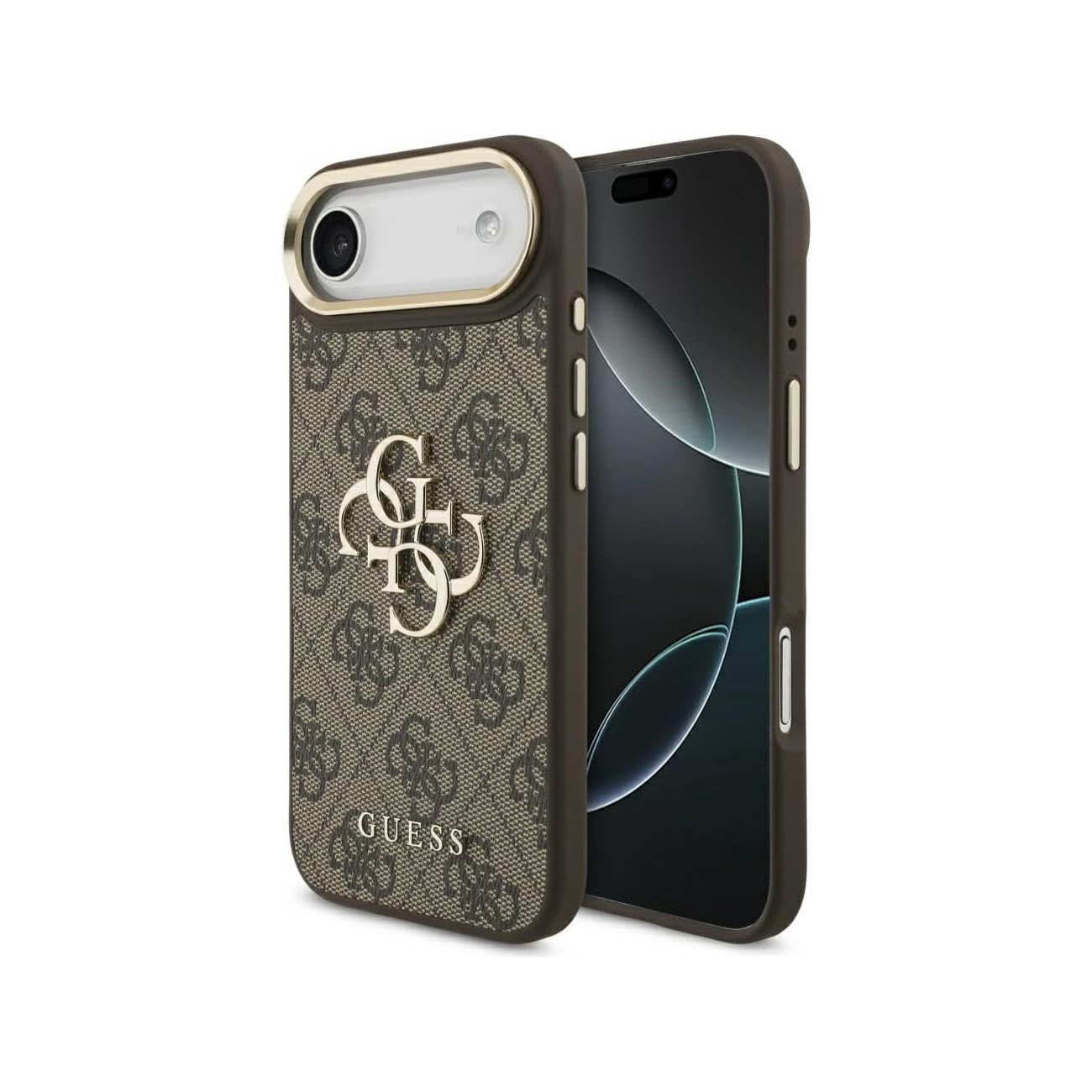 Custodia marrone per telefono con motivo a logo G ripetuto e logo Guess dorato.