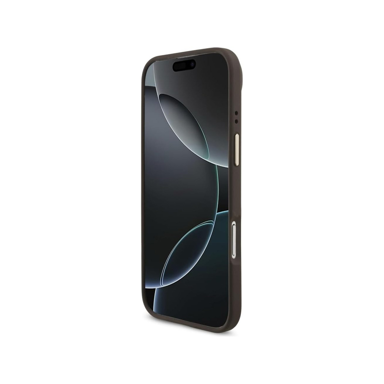 Telefono grigio scuro con sfondo scuro e cerchi chiari.