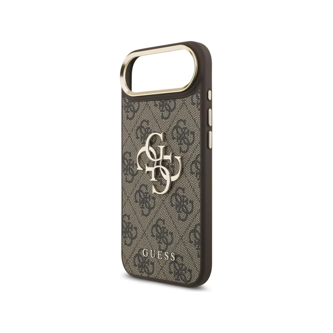 Una custodia per telefono GUESS marrone con motivo logo e finiture dorate.