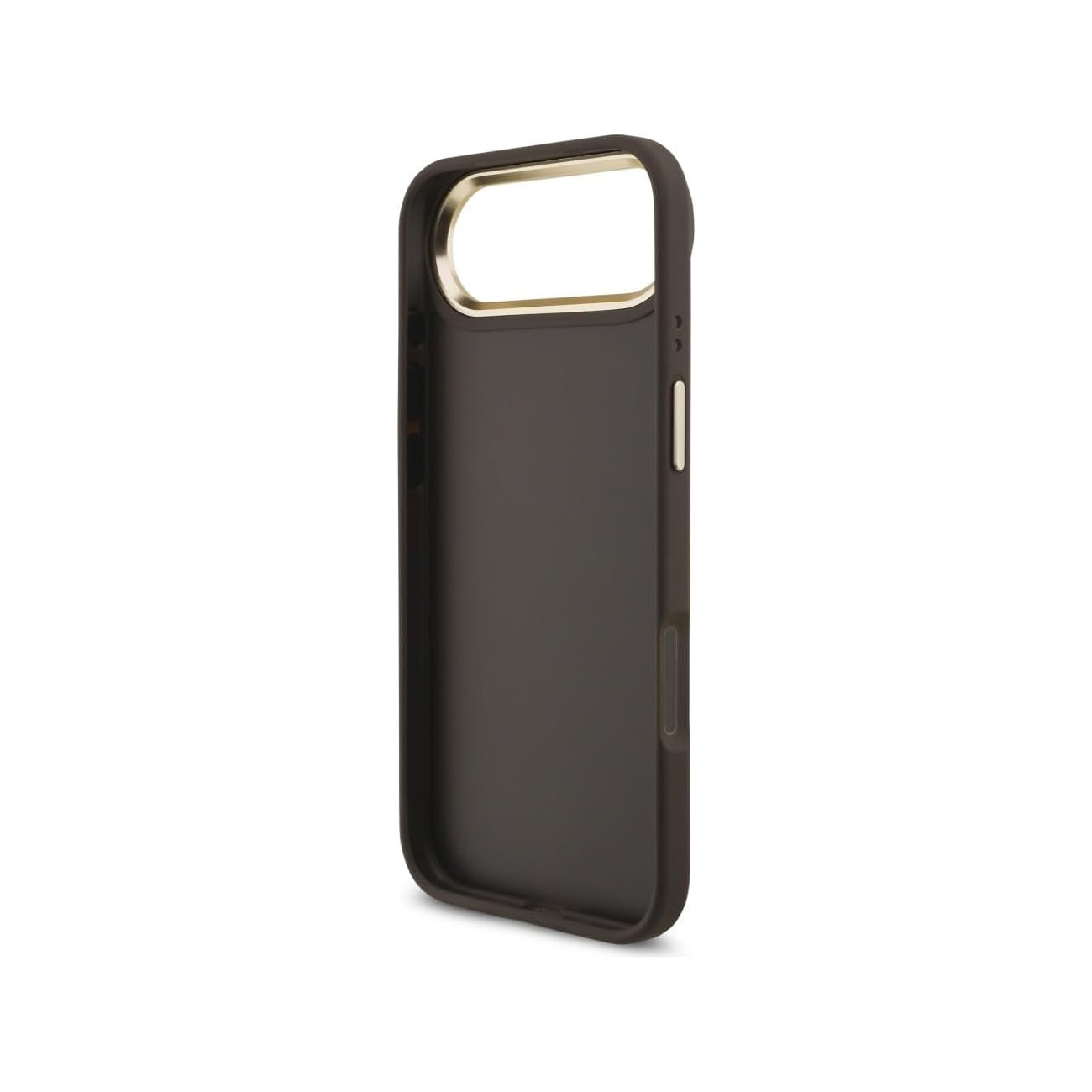 Custodia per telefono grigio scuro con bordo dorato attorno al ritaglio della fotocamera.